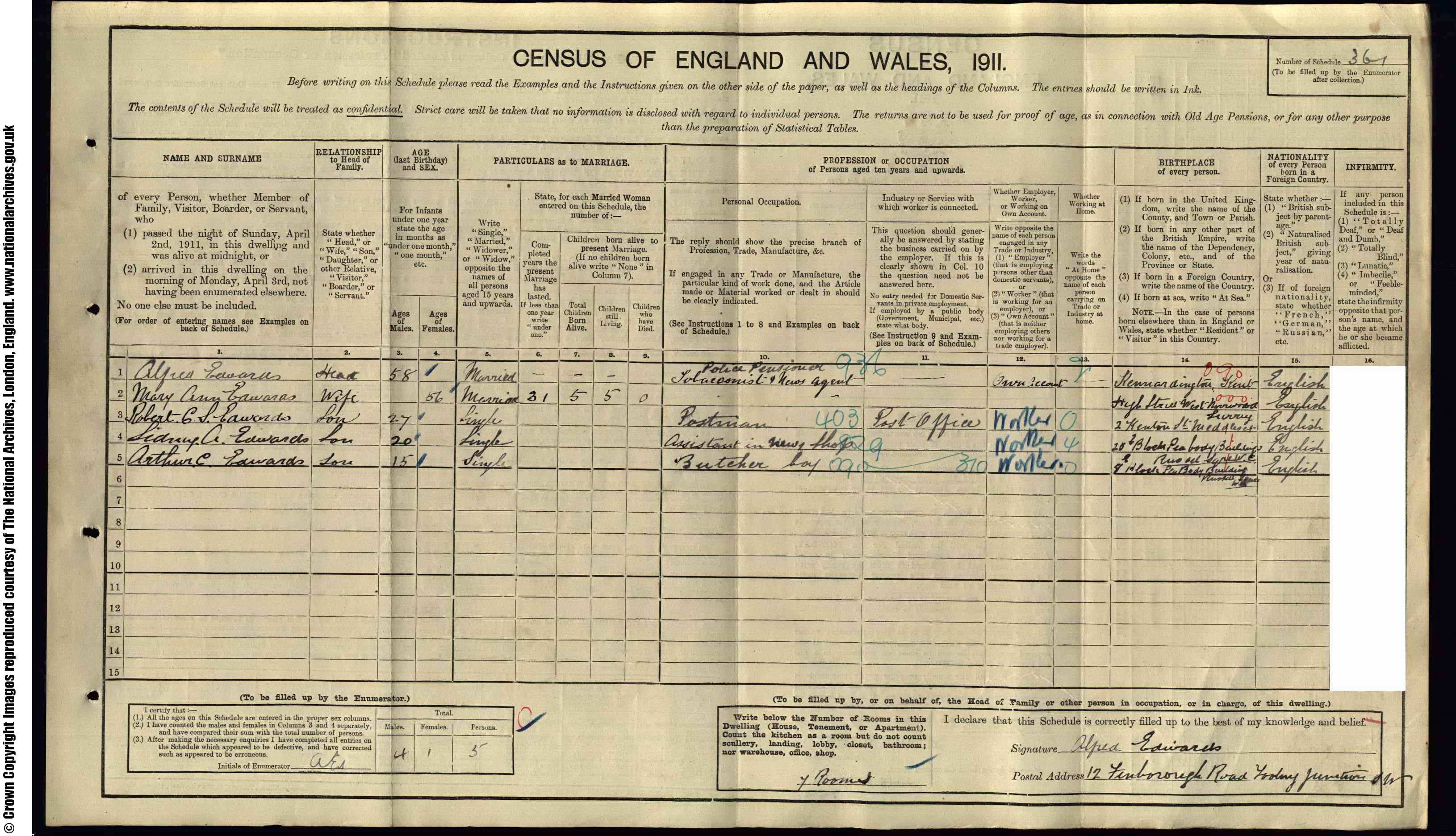 1911: 12  Finboro Road, Mitcham, Surrey