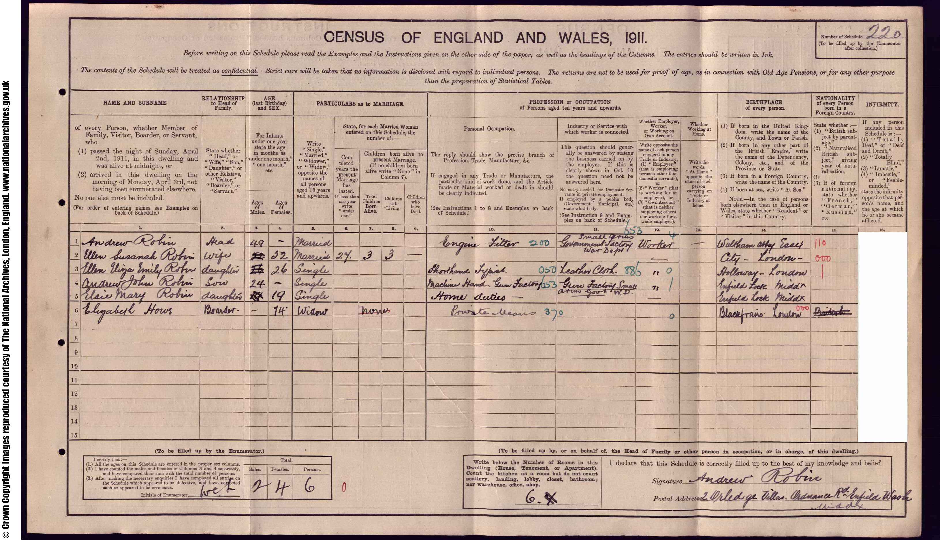 1911: 2  Aldrige Villa, Ordnance Road, Enfield Wash, Middlesex