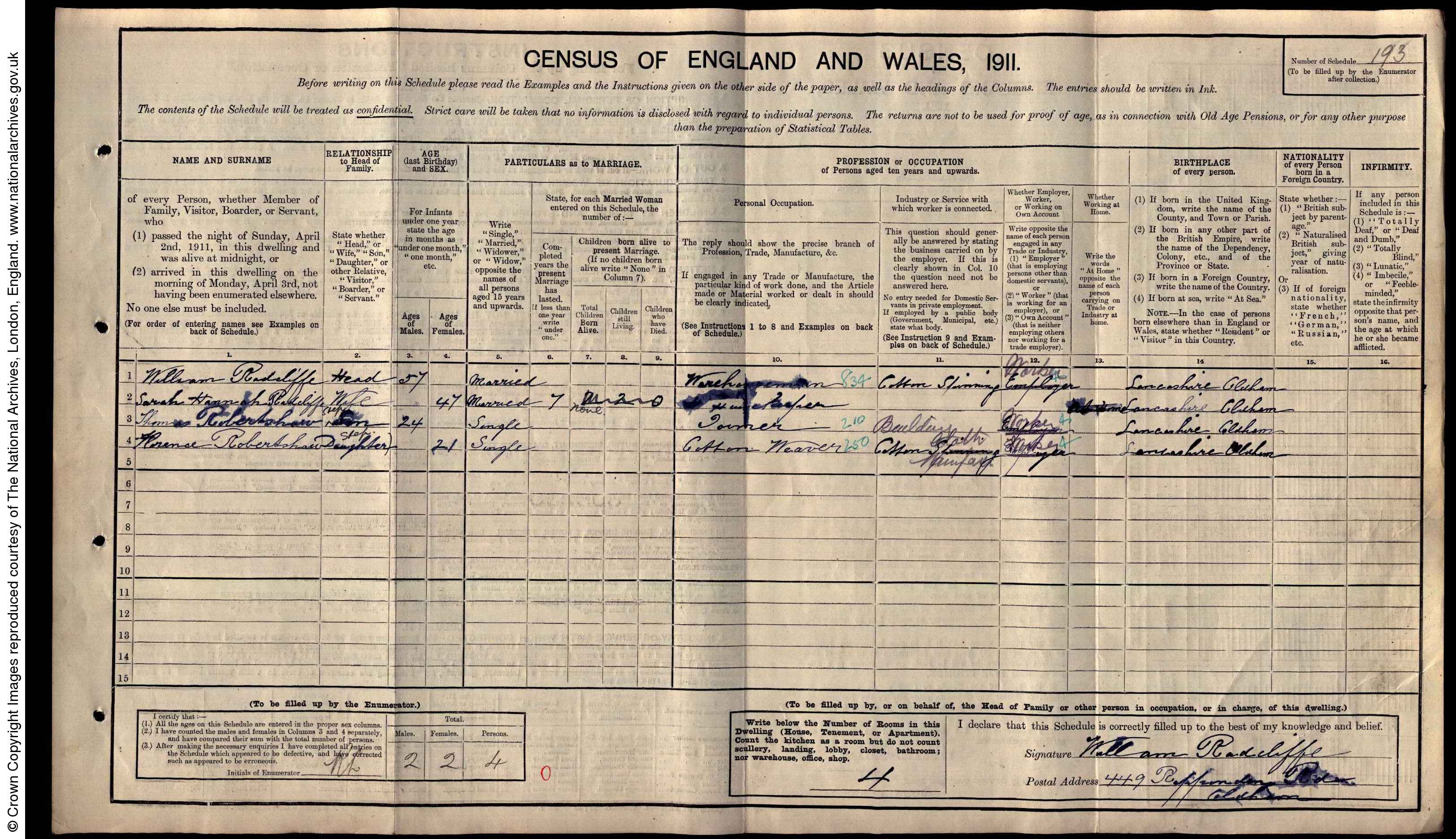 1911: 449  Ripponden R Oldham Lancashire, Lancashire