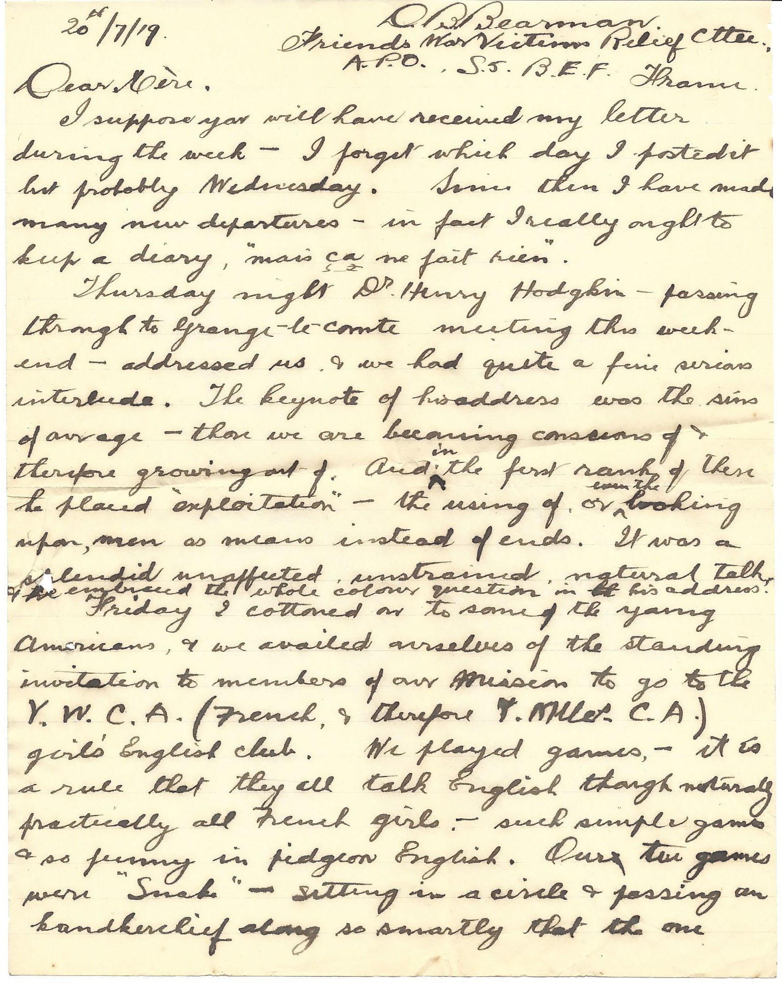 1919-07-20 p1 Donald Bearman letter to his father