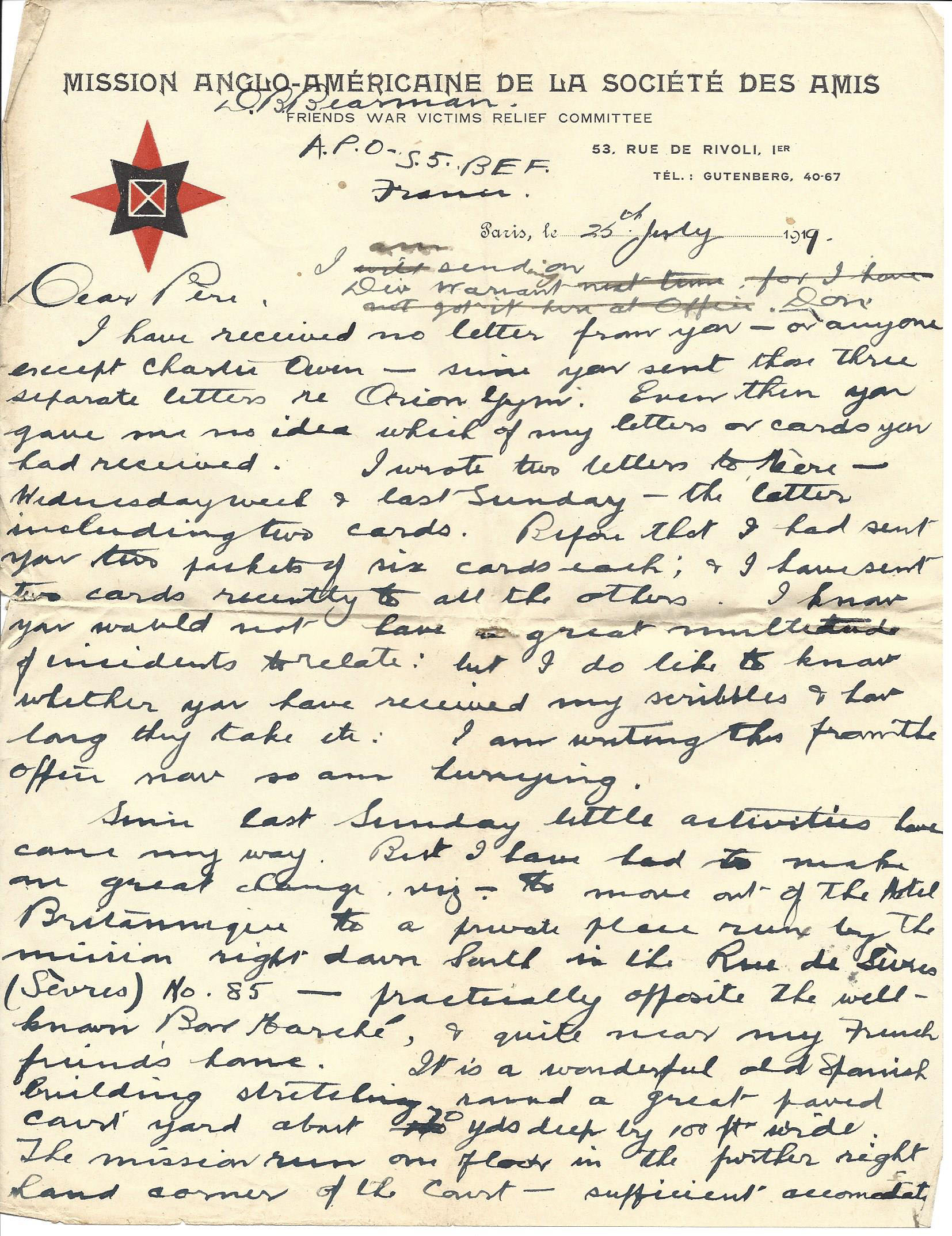 1919-07-25 p1 Donald Bearman letter to his father