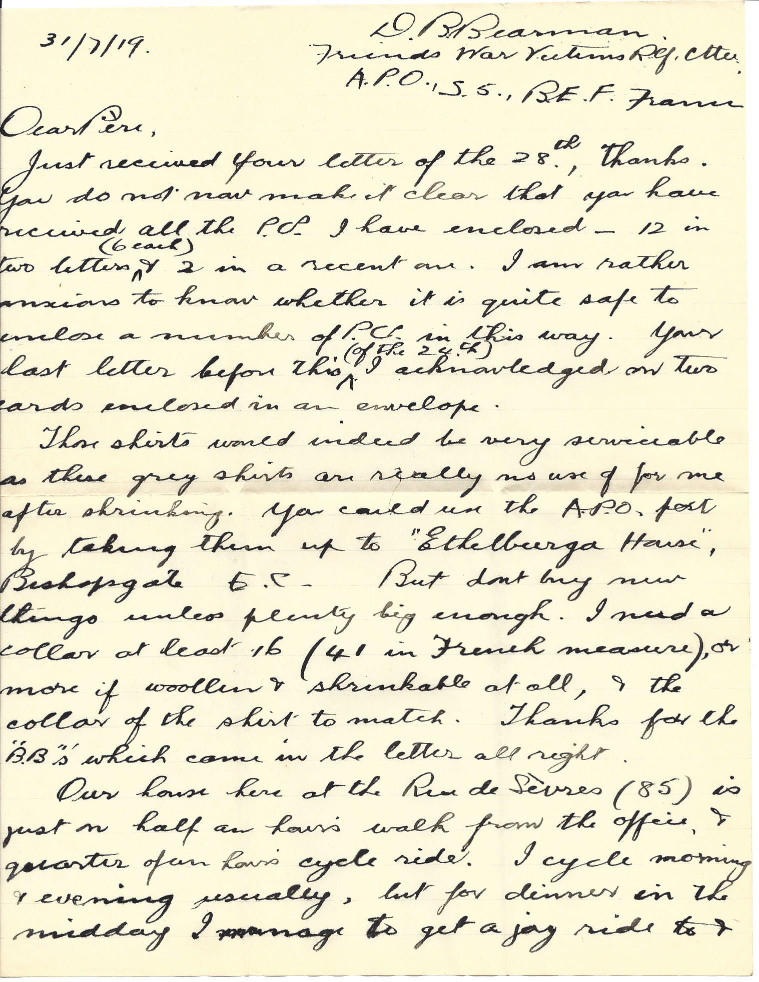 1919-07-31 Letter by Donald Boyd Bearman to his father, page 1