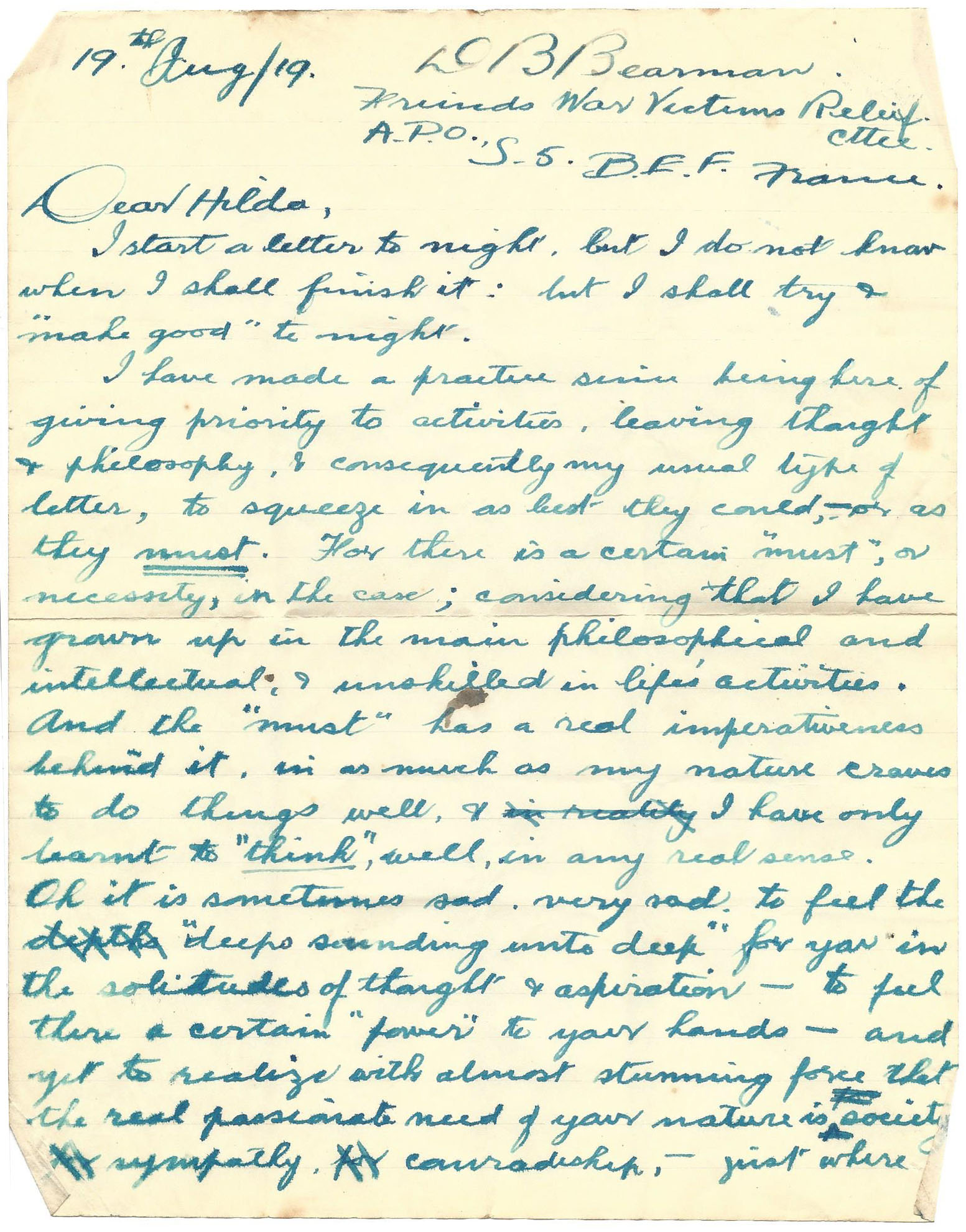 1919-08-19 p1 Donald Bearman letter to his father