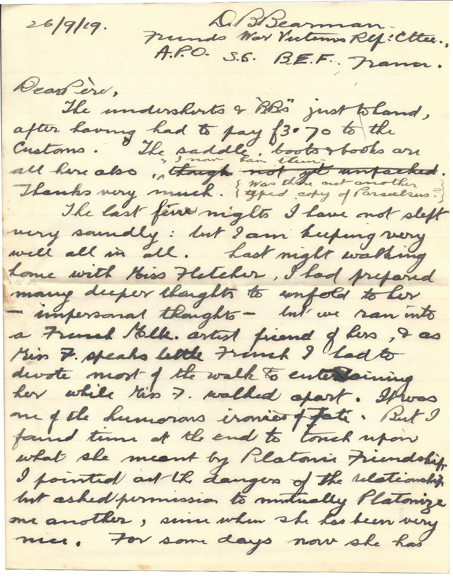 1919-09-26 Page 1 letter by Donald Bearman