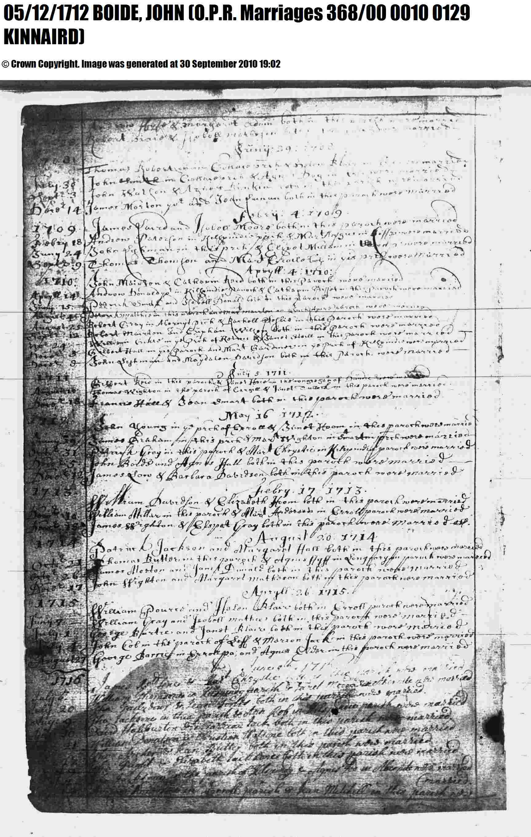 1712 marriage of Agnes Hall to John Boide