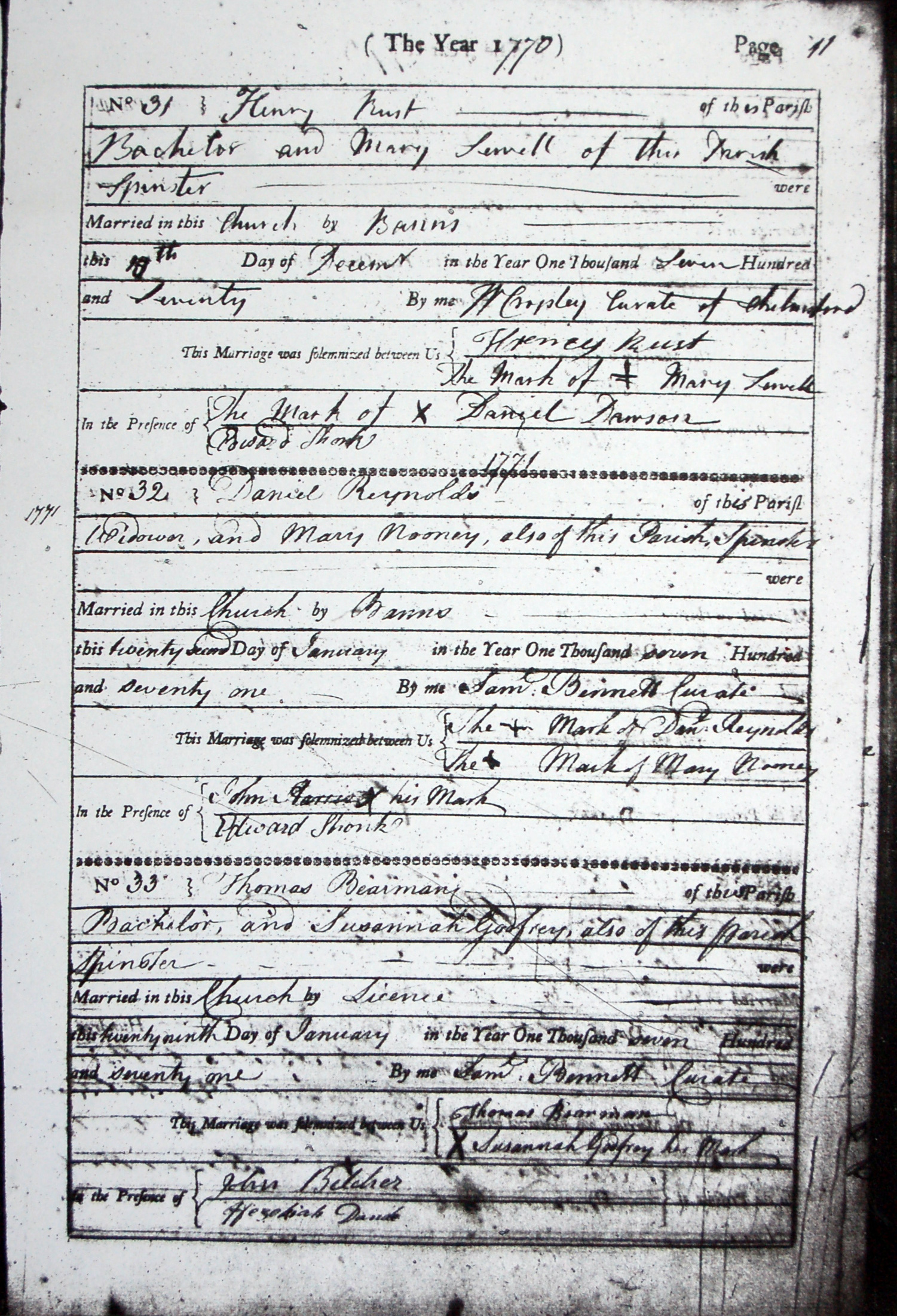 1771 marriage of Susannah Godfrey to Thomas Bearman