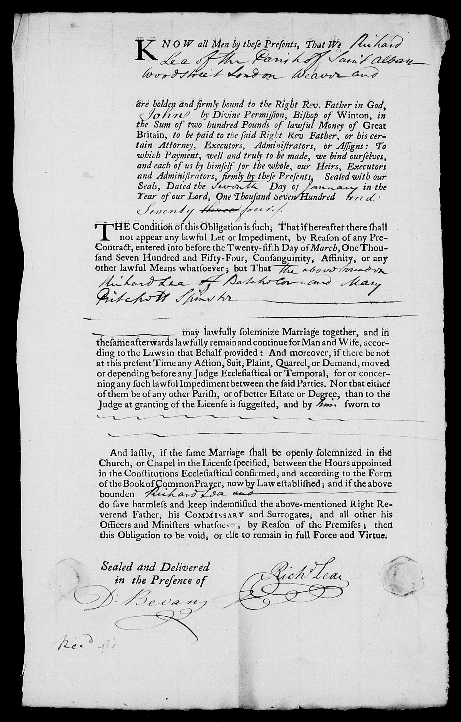 1774 marriage of Mary Pritchett to Richard Lea