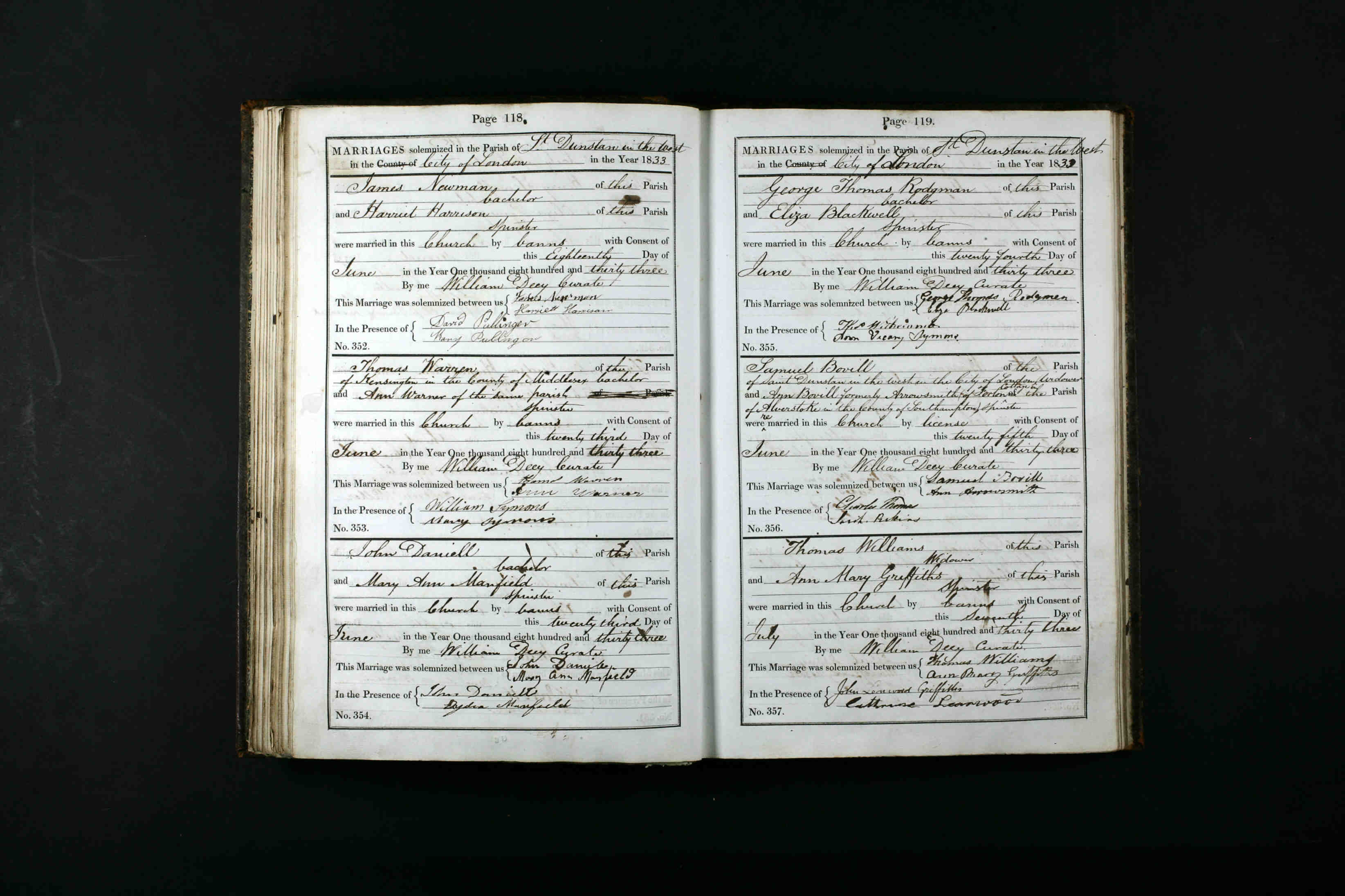 1833 marriage of Mary Ann Manfield to John Daniell