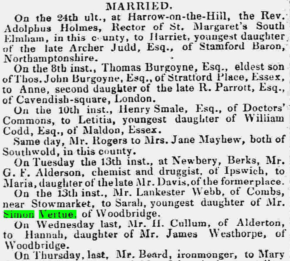 1835 marriage of Sarah Vertue to Lankester Webb in local newspapers 21st Sept 1835
