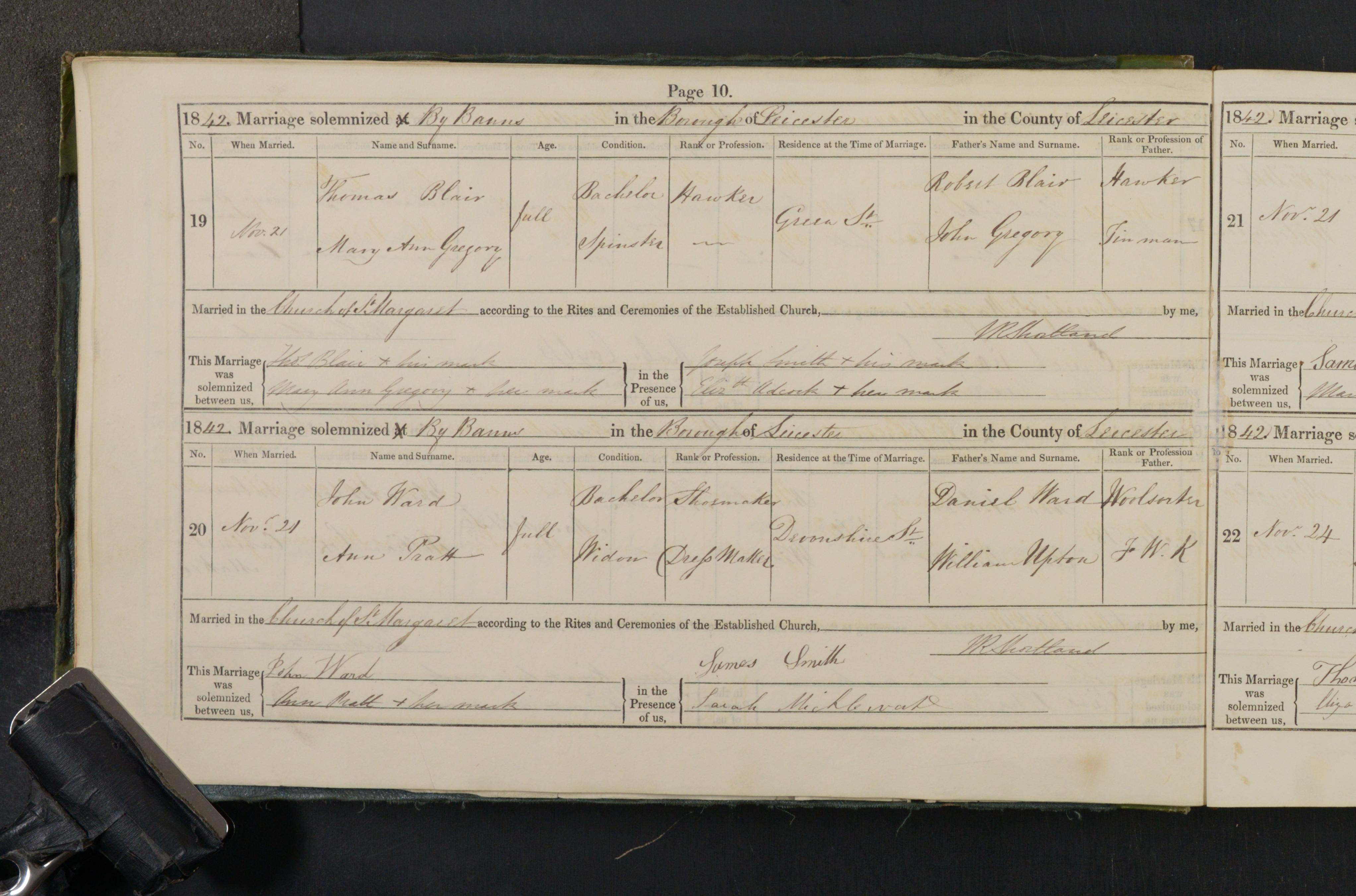 1842 marriage of Mary Ann Gregory to Thomas Blair