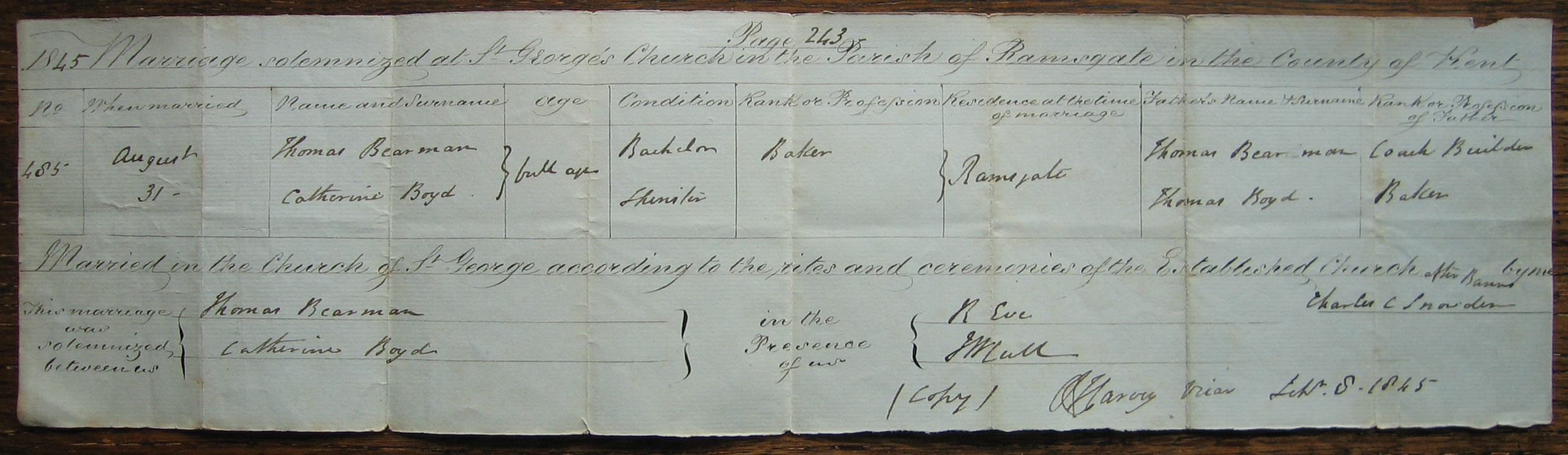 1845 marriage of Catherine Boyd to Thomas Bearman