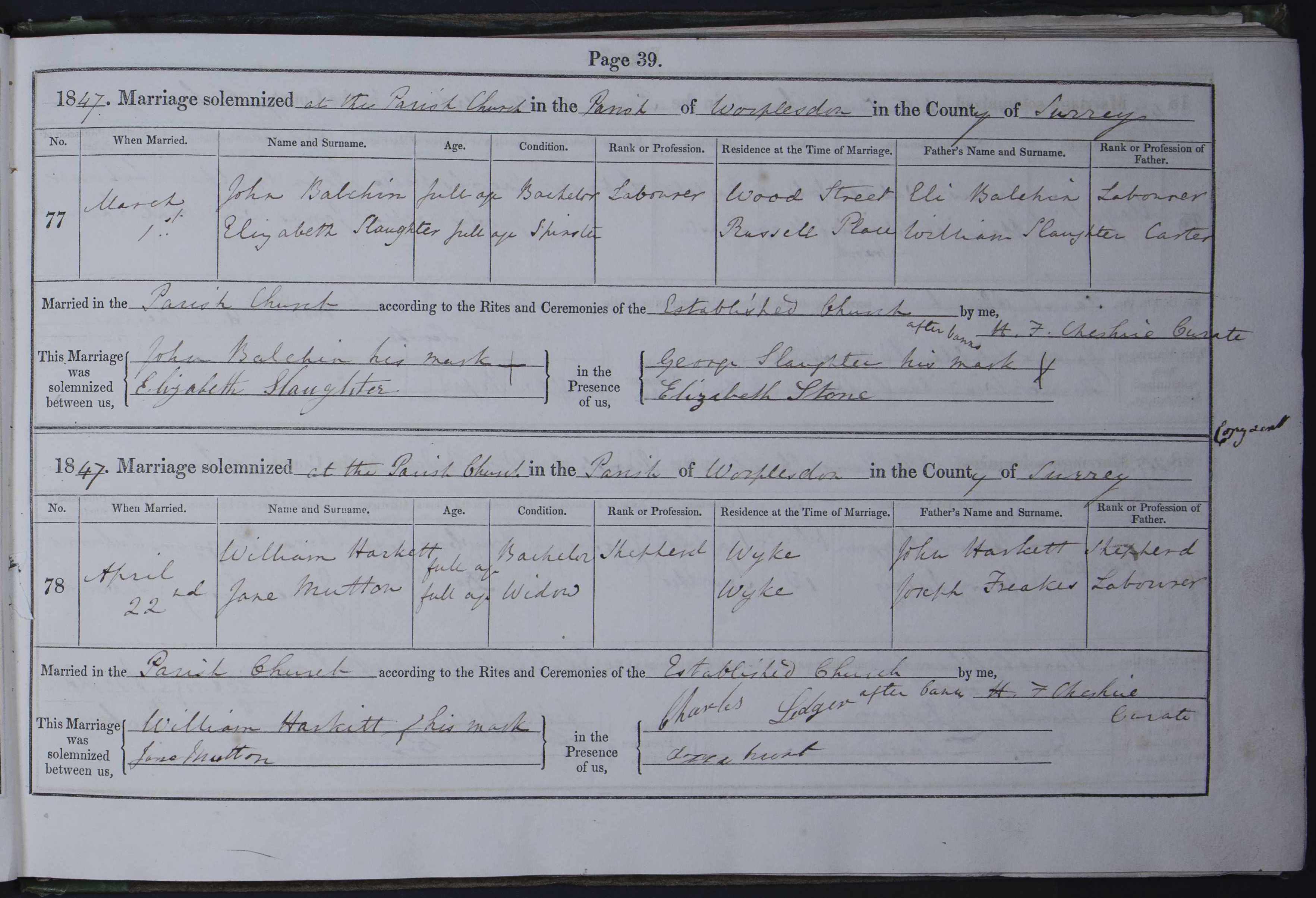 1847 marriage of Jane Mutton to William Daniel Harkett
