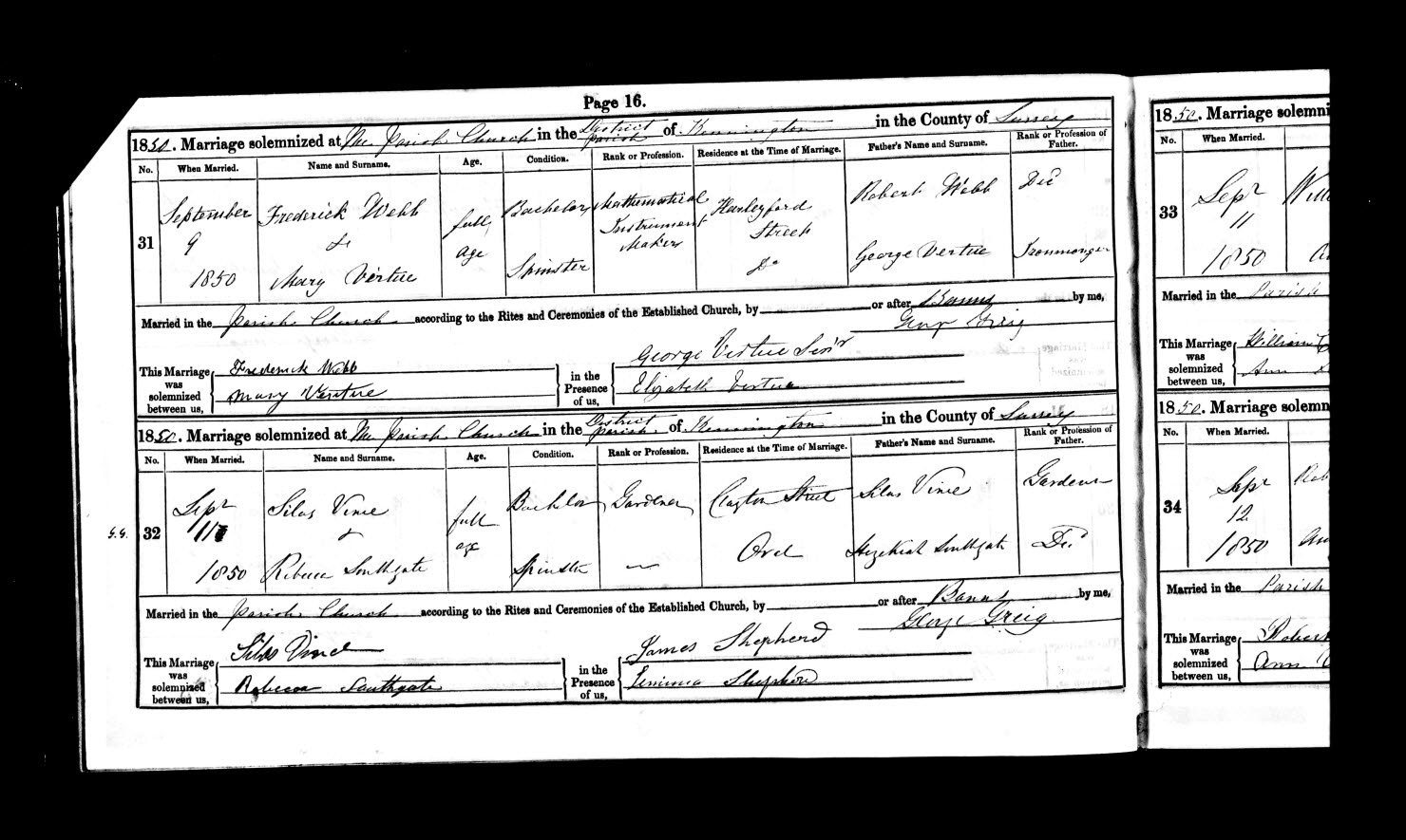 1850 marriage of Mary Vertue to Frederick Webb