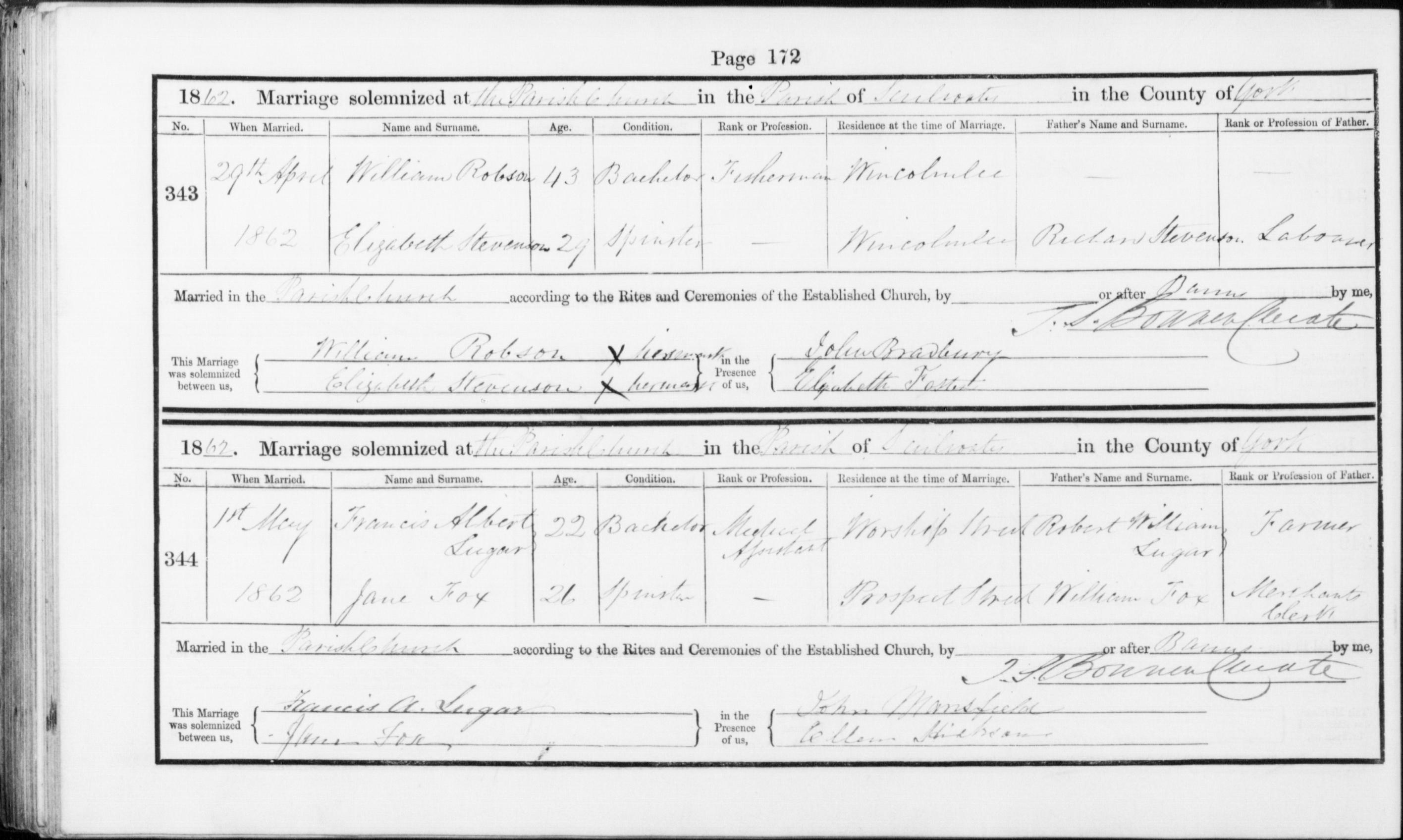 1862 marriage of Jane Fox to Francis Albert Lugar