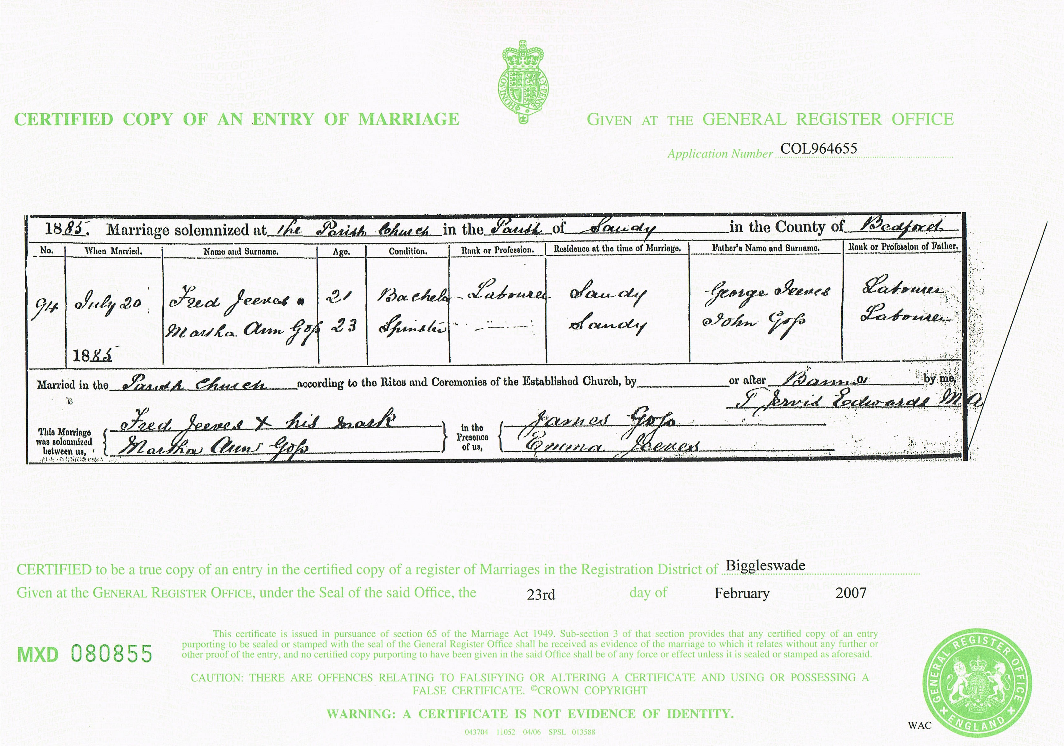 1885 marriage of Martha Ann Goss to Fred Jeeves