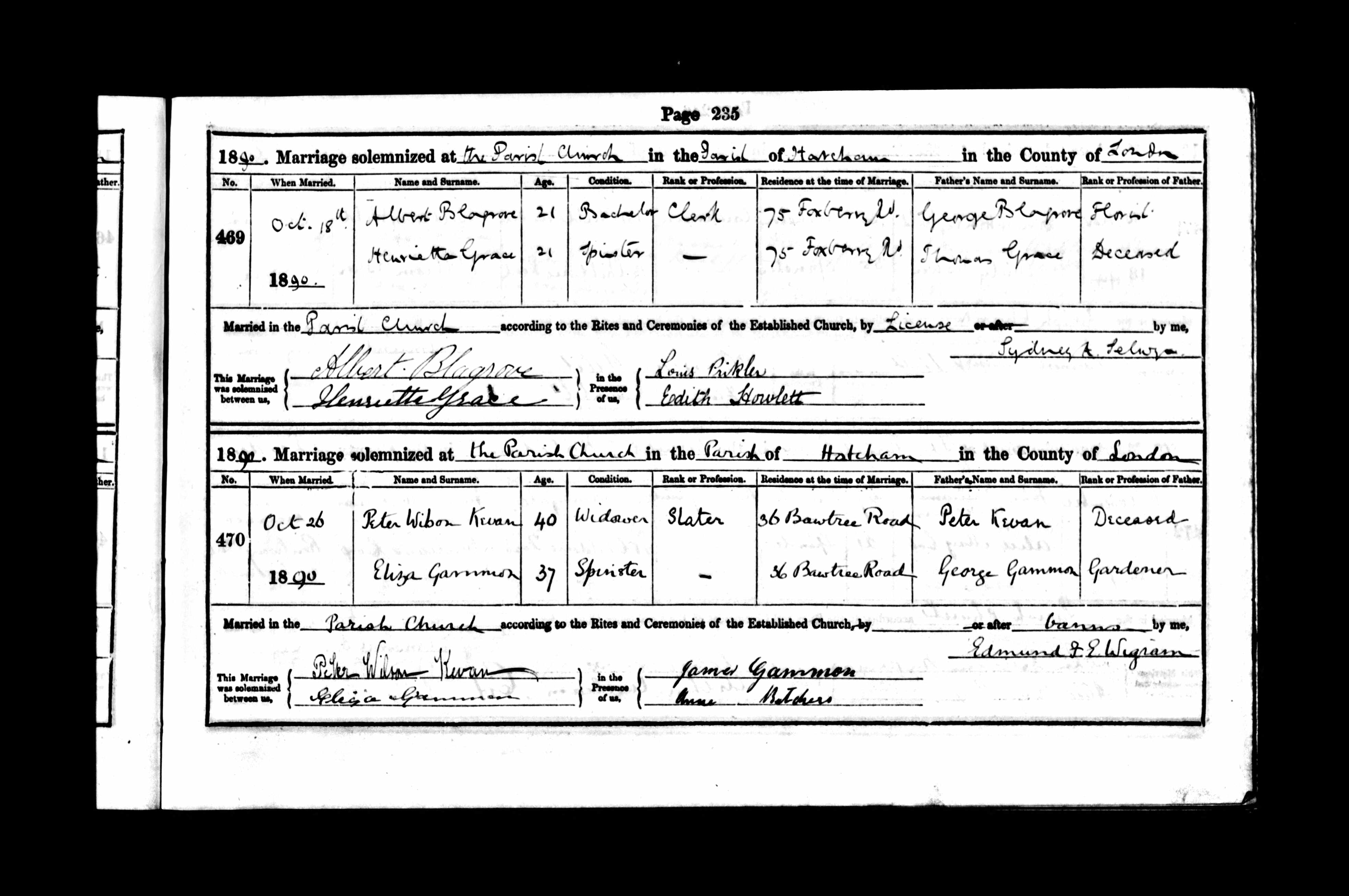 1890 marriage of Eliza Gammon to Peter Wilson Kevan