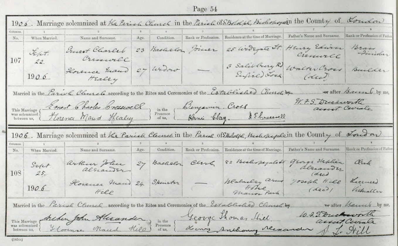 1906 marriage of Florence Maud Cross to Ernest Cresswell