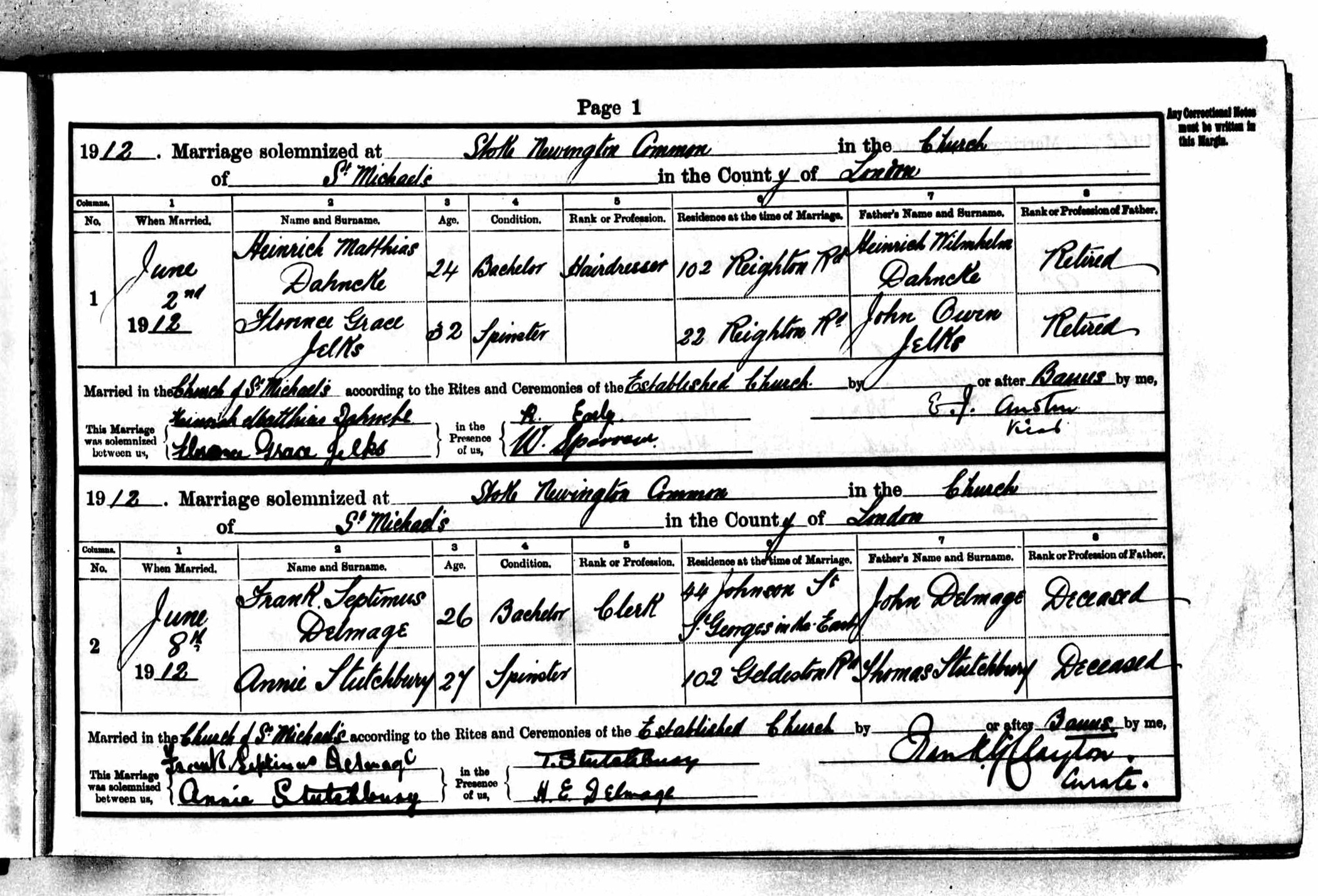 1912 marriage of Annie Stutchbury to Frank Septimus Delmage