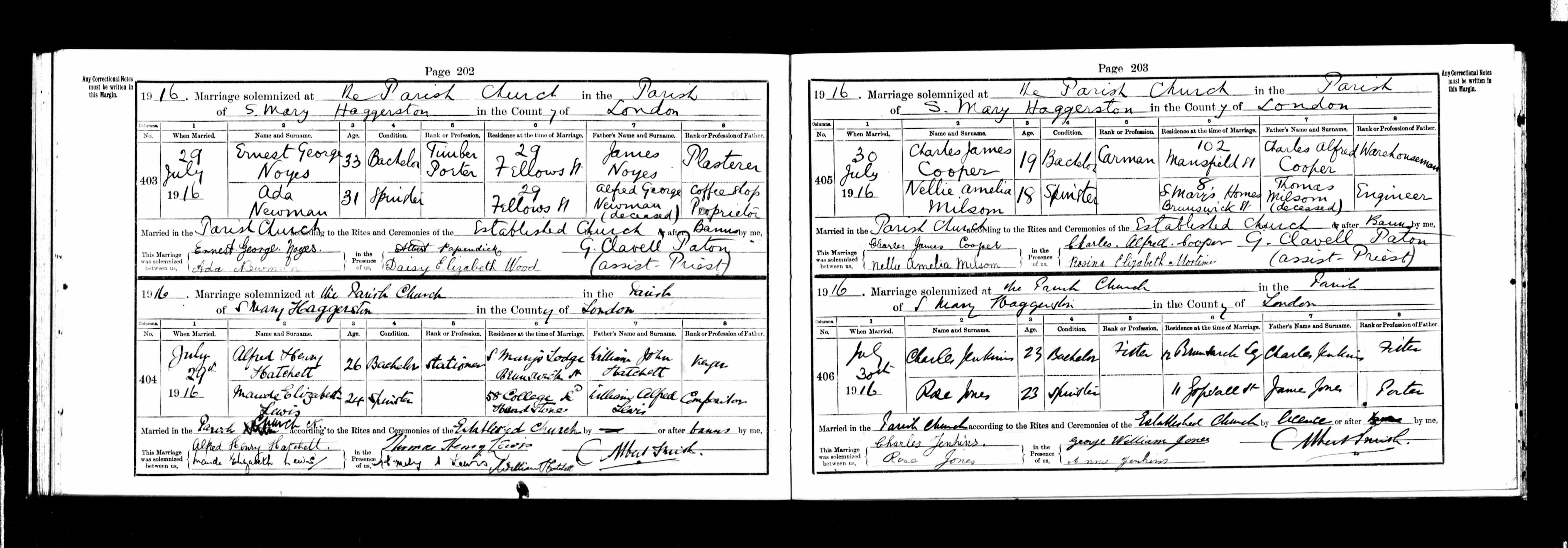 1916 marriage of Ada Newman to Ernest George Noyes
