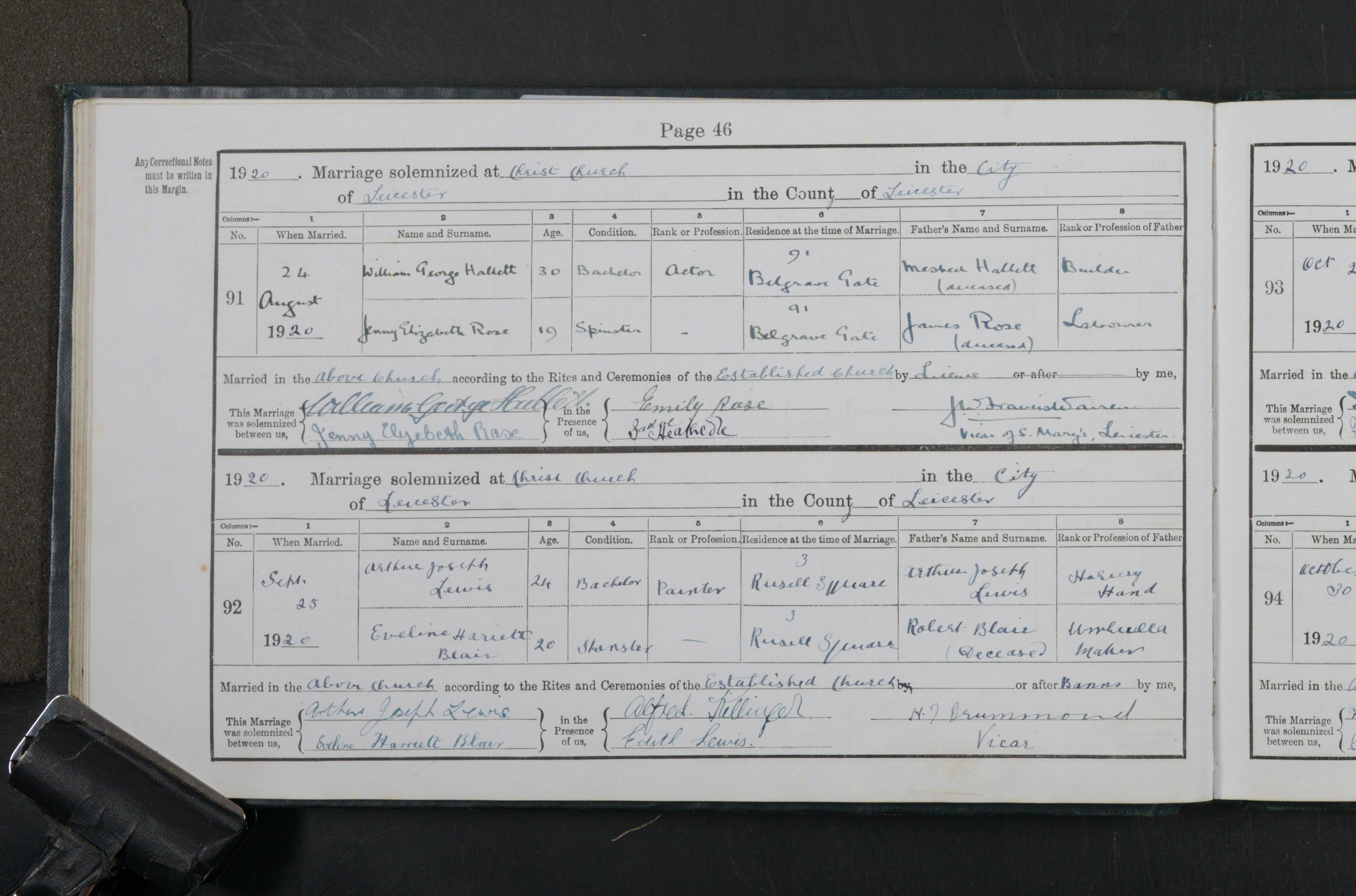 1920 marriage of Harriet Eveline Blair to Alfred Joseph Lewis