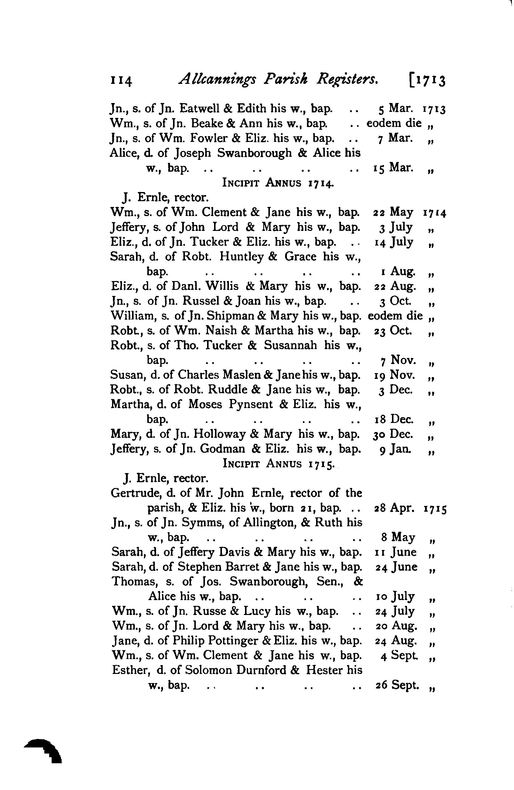 1713 baptism, Alice Swanborough