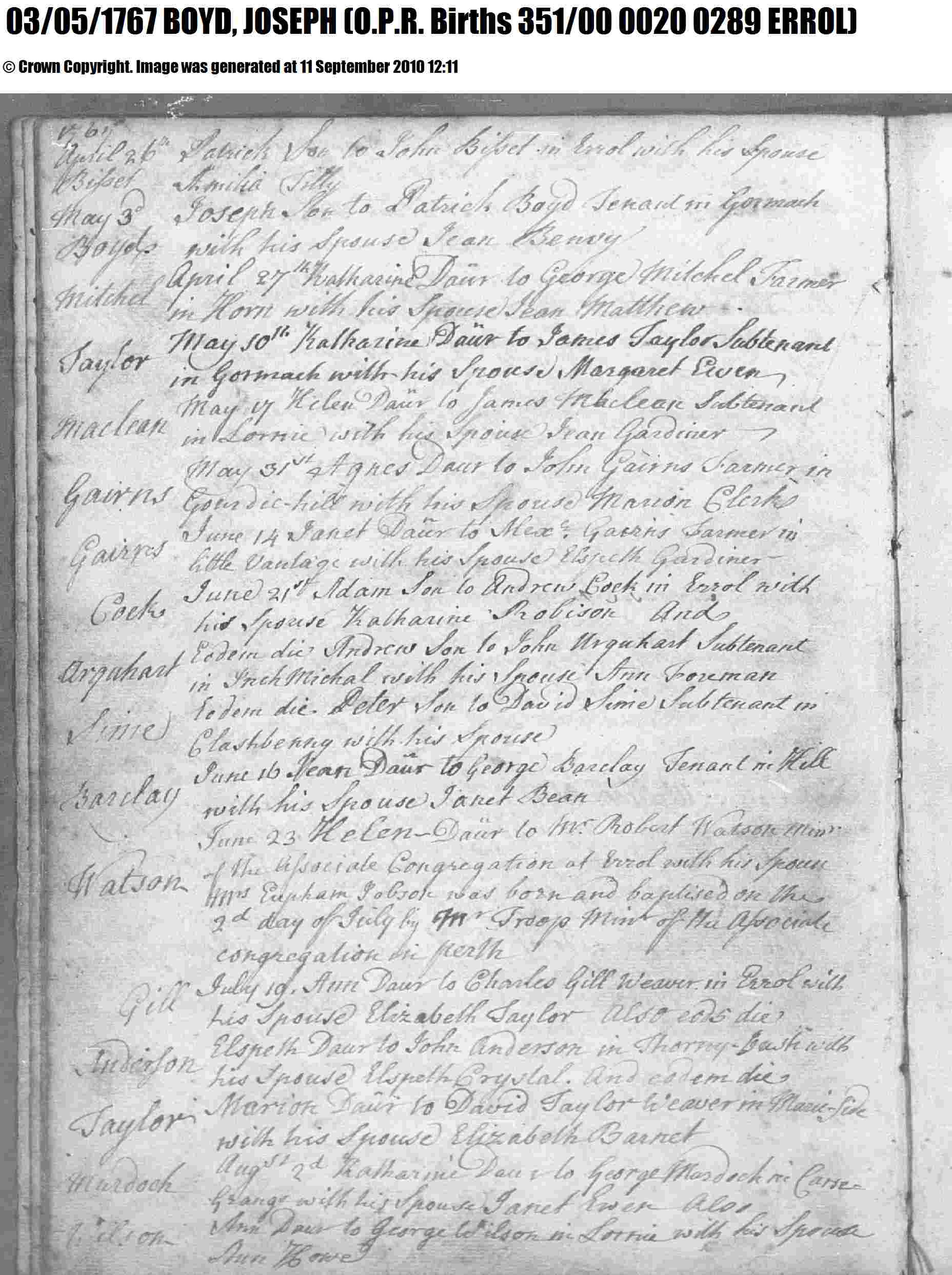 1767 baptism, Joseph Boyd