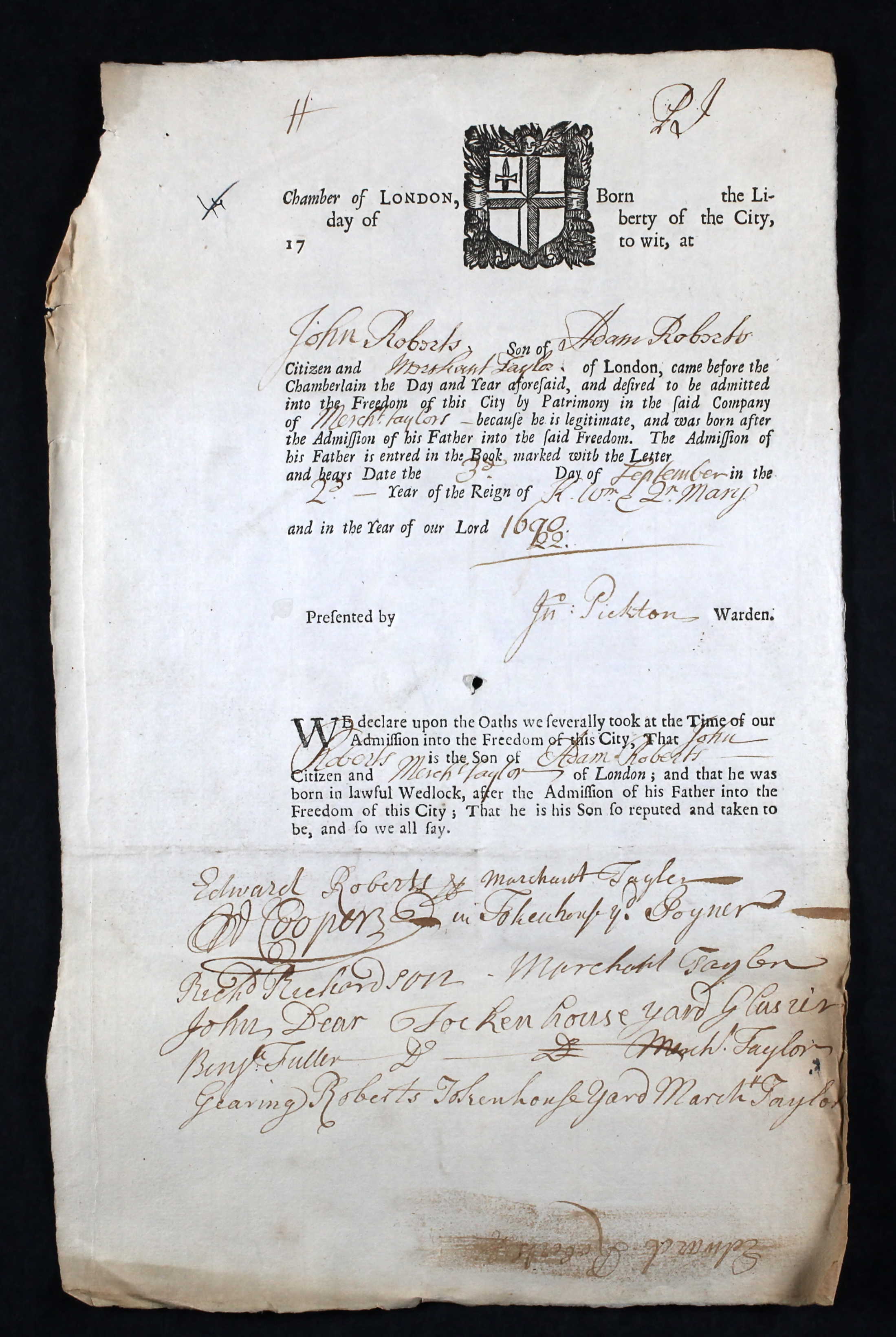 John Roberts, father Adam Roberts Merchant Taylor, granted freedom of the city unclear date but between 1733-4