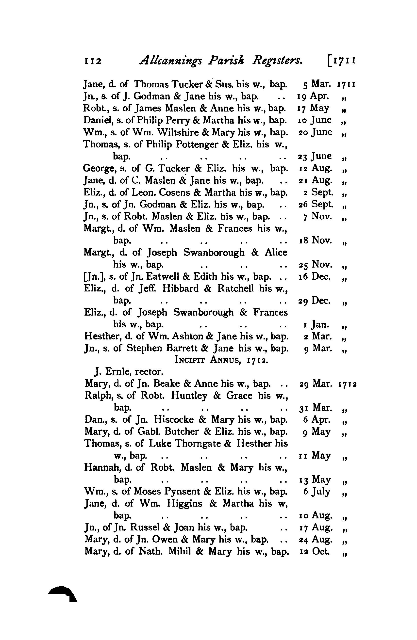 1905 Transcript showing baptism of Margaret Swanborough in 1711
