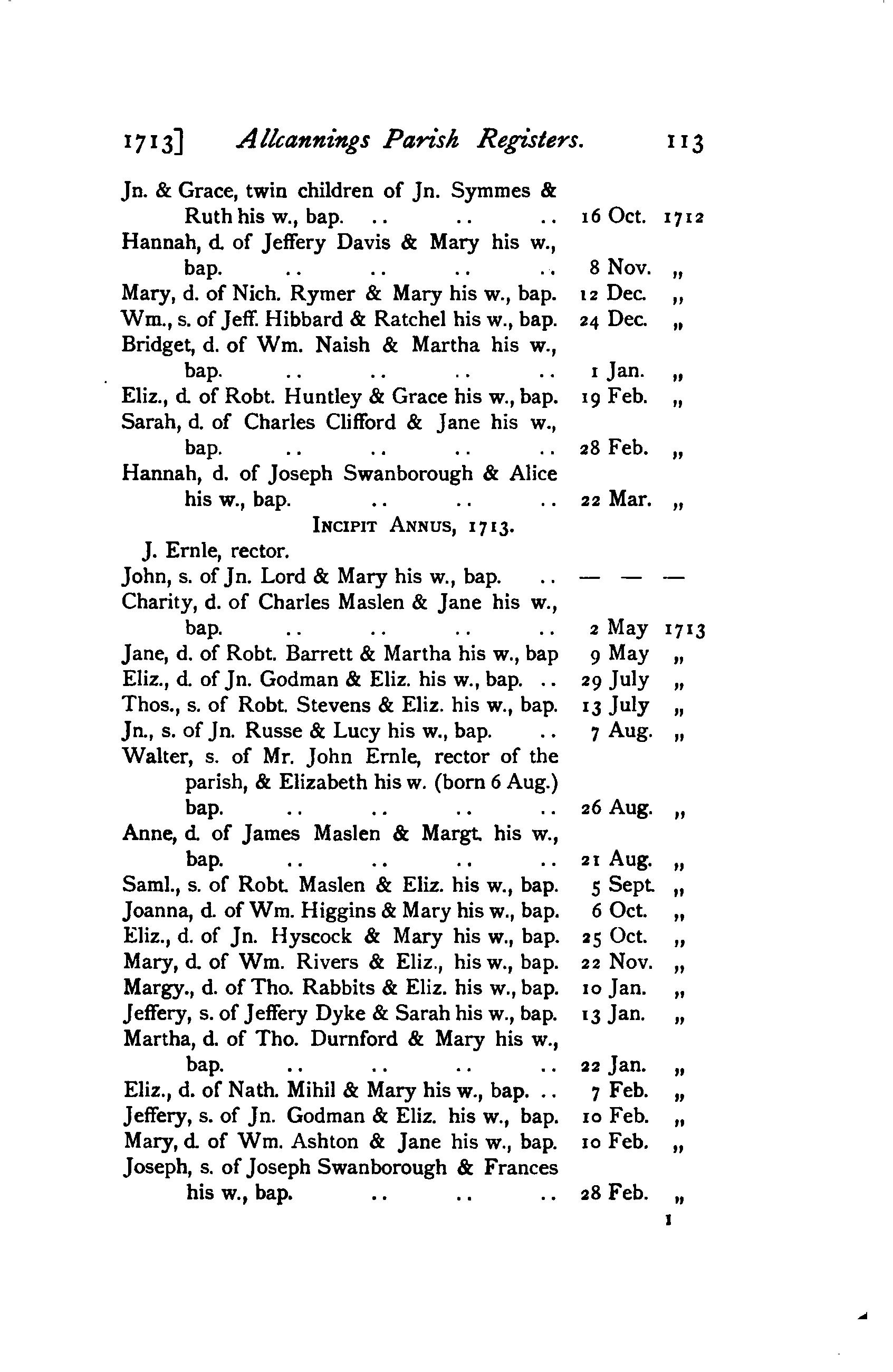 1905 transcript showing baptism of Hannah Swanborough 22nd March 1713