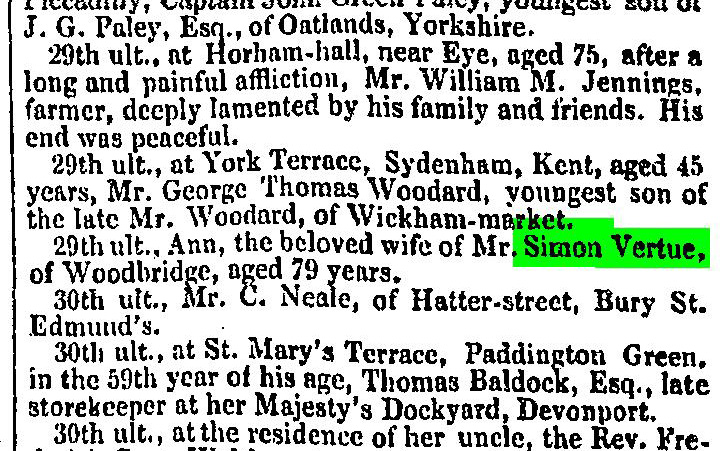 Death of Ann Vertue on 29th November 1852, in the Ipswich Journal 4th December