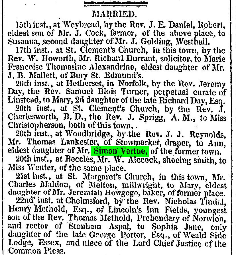 Ann Vertue’s marriage to Thomas Lankester in the Ipswich Journal, 24th October 1835