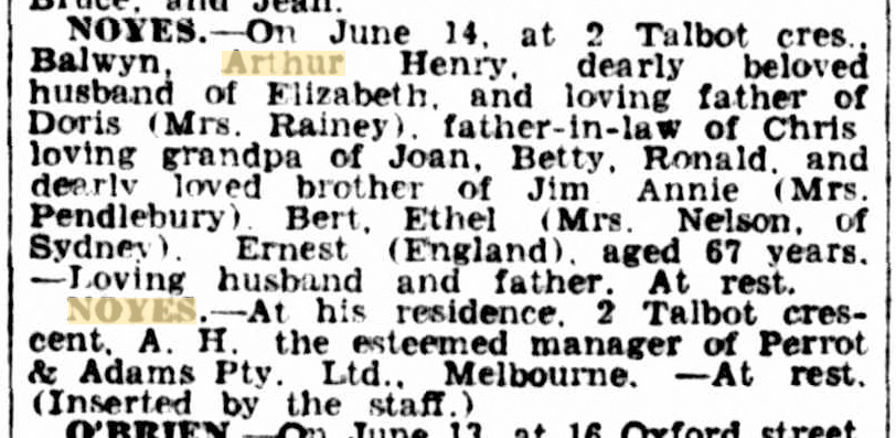 Notices in The Argus (Melbourne, Victoria) Monday 16 June 1947 - see online resource, Trove Australian Newspapers
