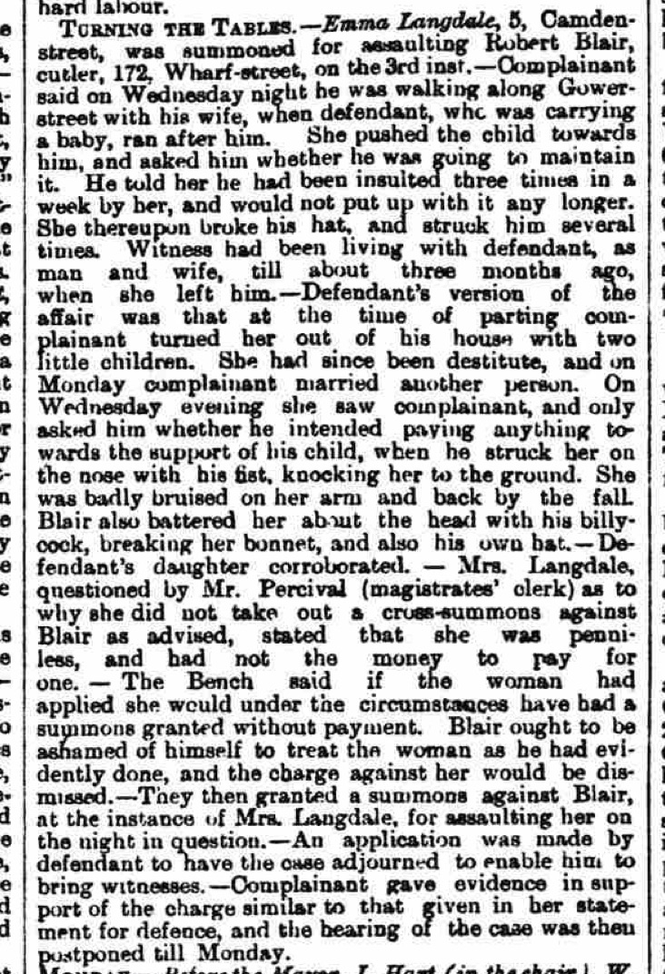 Assault court case between Emma Langdale and Robert Blair, showing Robert as father of baby. August 13th 1887, Leicester Chronicle and Leicestershire Mercury.