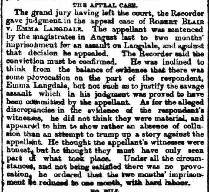 Robert Blair’s appeal in October 1887, with sentence reduced to 1 month.