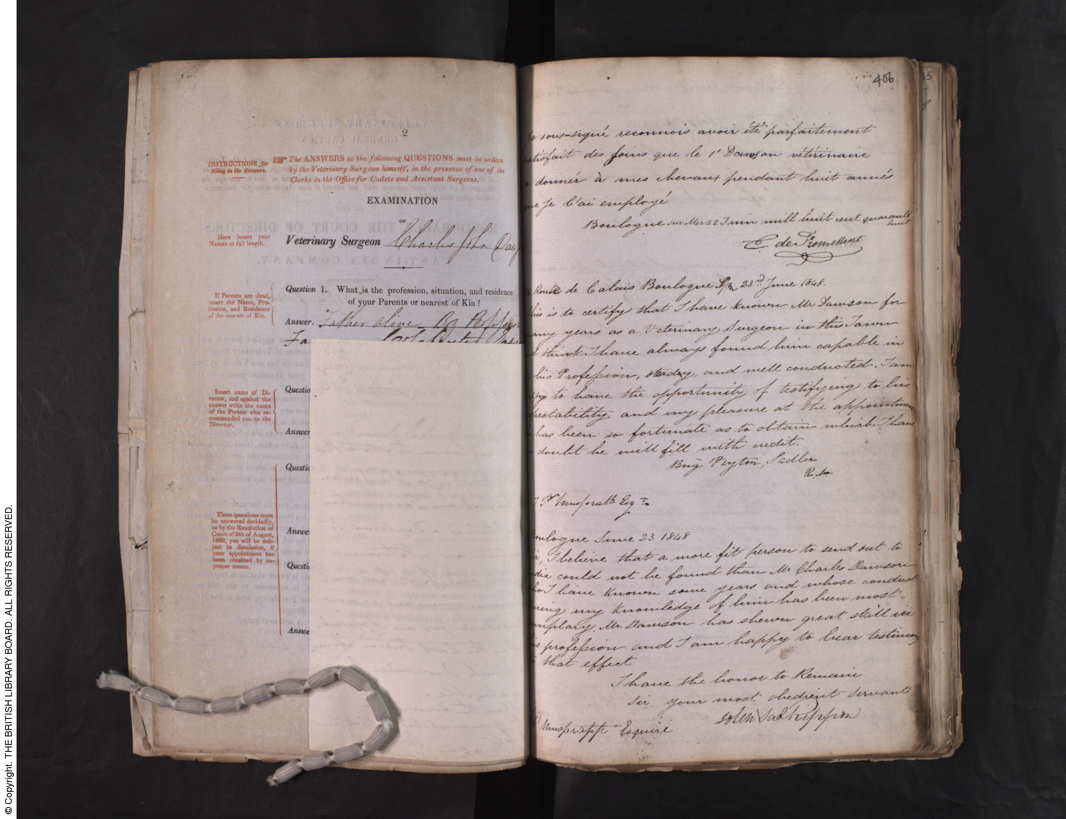 Charles Dawson, 1848 application to British India Office as veterinary surgeon -3