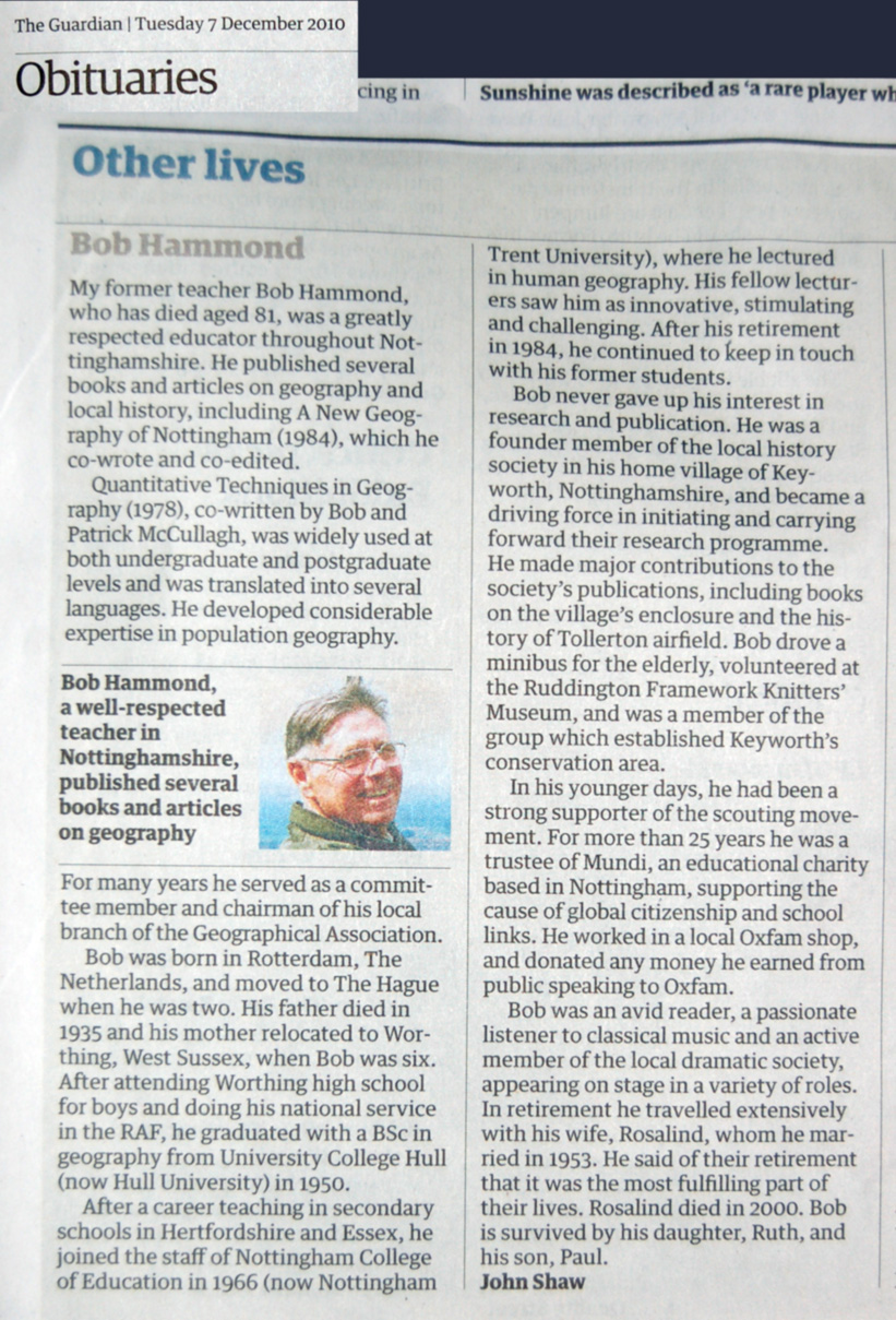 Bob Hammond’s obituary by John Shaw. Published in The Guardian, 7th December 2010