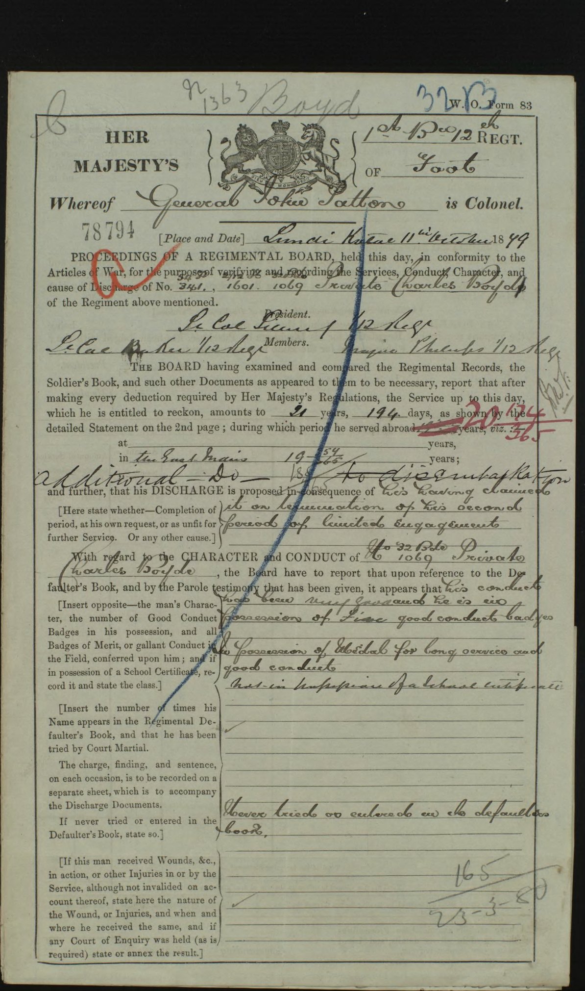 British Army service records for Charles Boyd 1858-80, page 1
