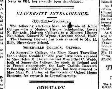 Ethel C Webb’s scholarship, that led to her meeting Donald Bearman in France, as reported by the Yorkshire Post and Leeds Intelligencer, 8th May 1919