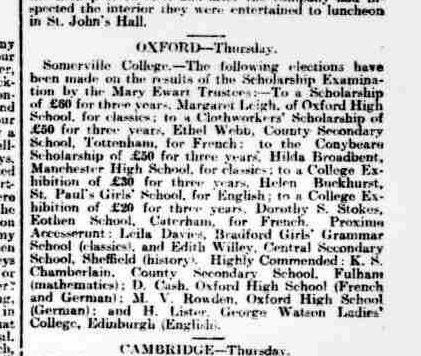 Ethel Webb’s 1913 scholarship to study French at Oxford Somerville College as reported in the Yorkshire Post March 28, 1913