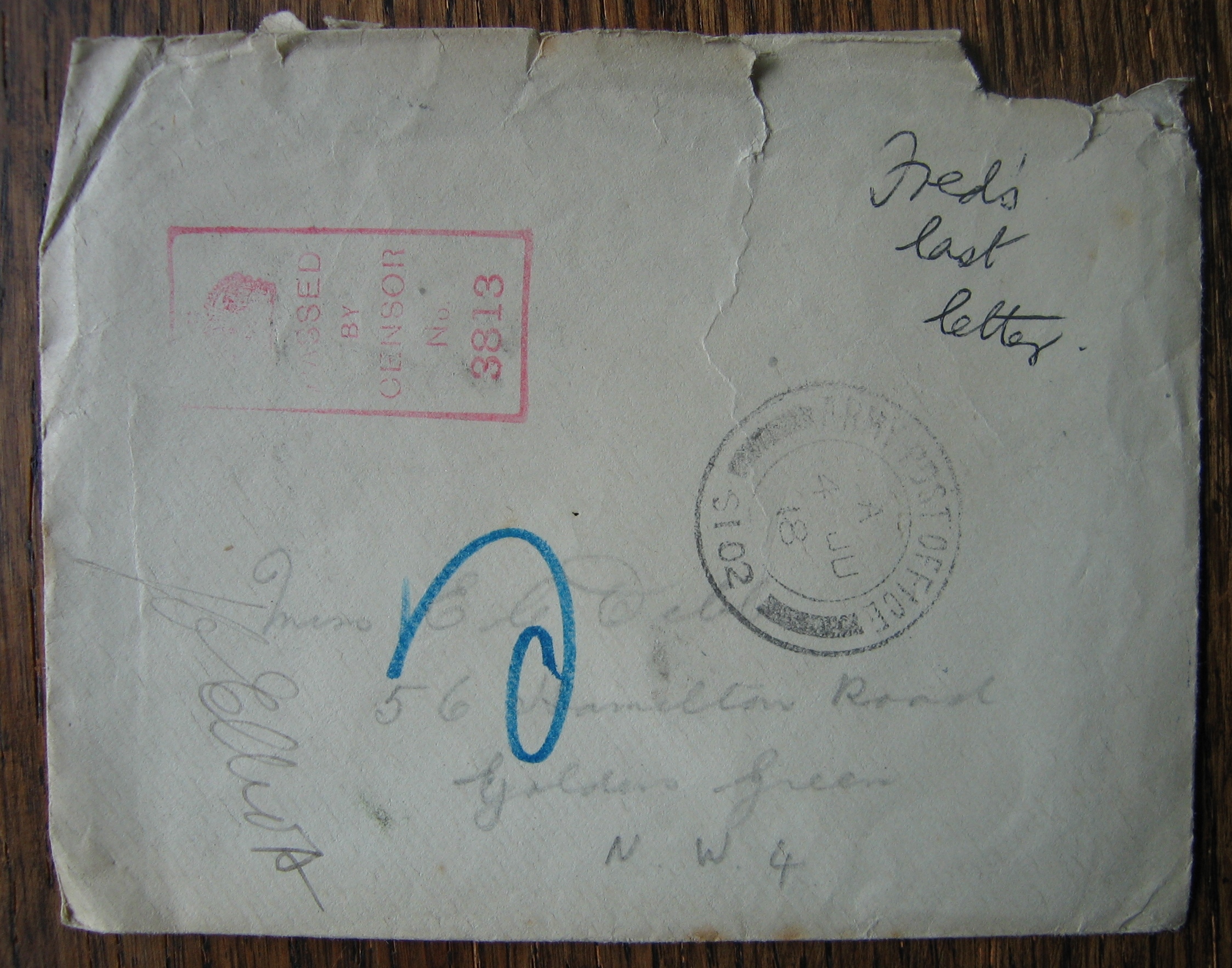 Envelope of Fred’s last letter to Ethel
