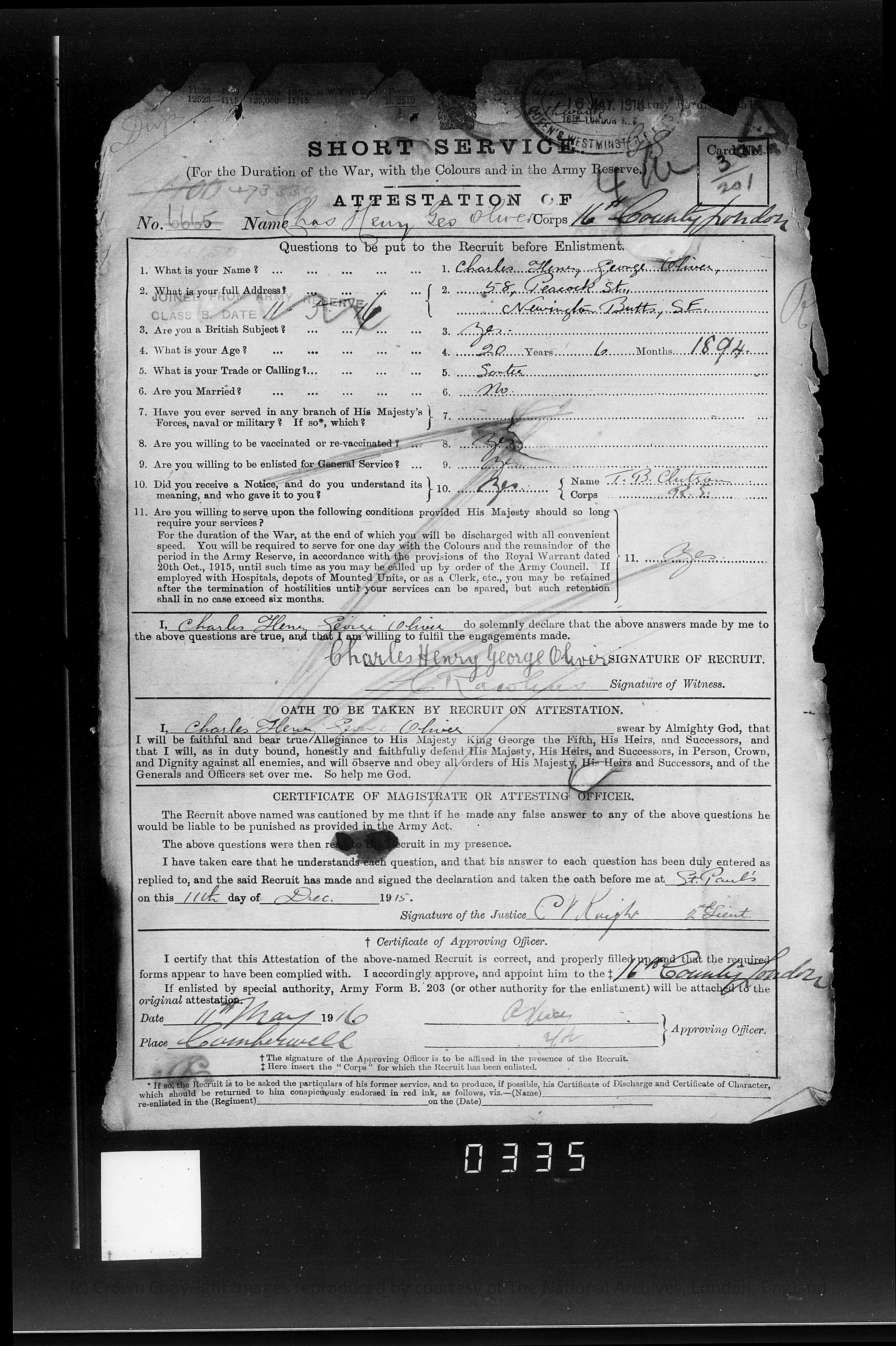 Military papers for Charles Oliver in 1915