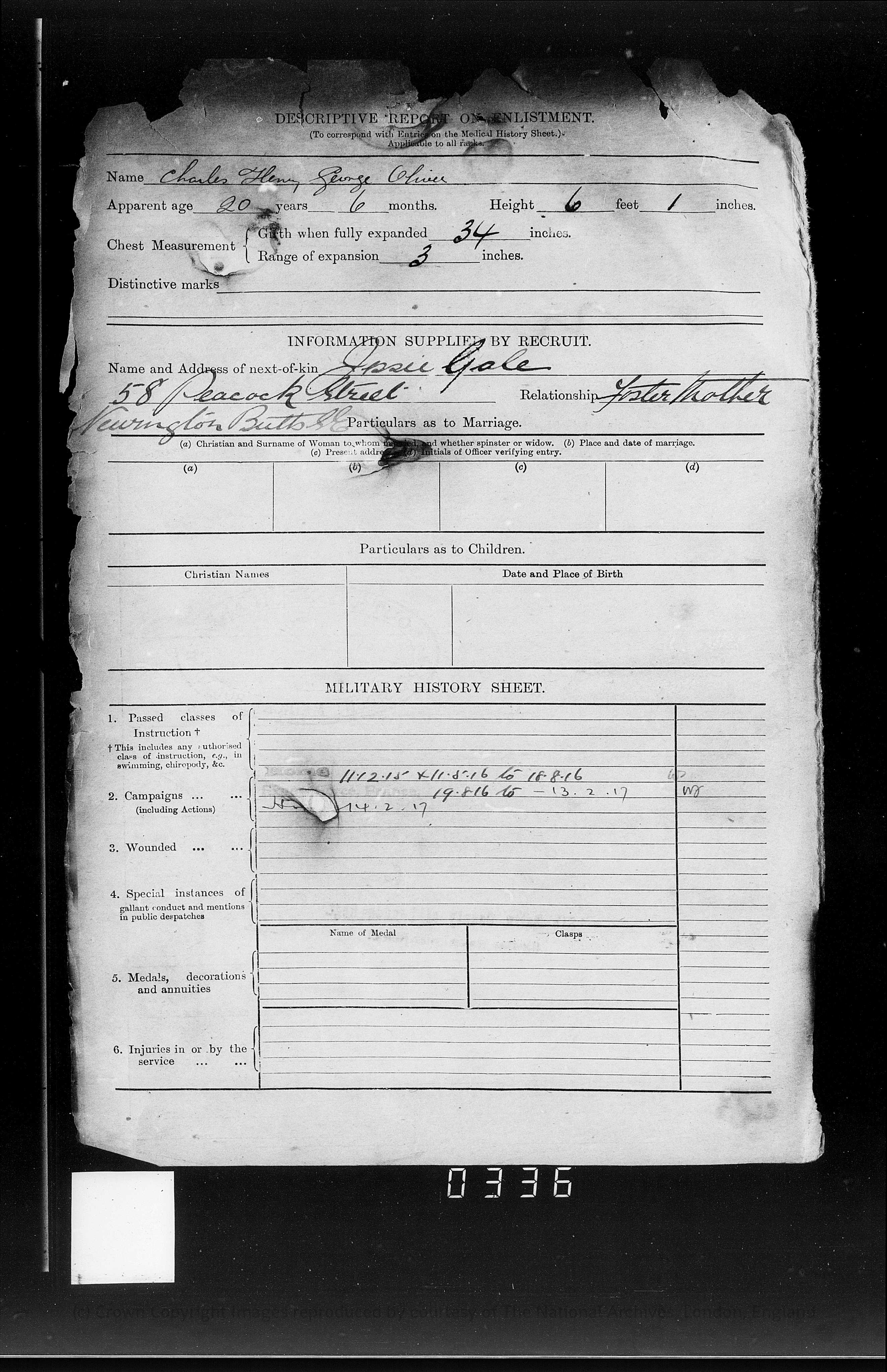 Military papers showing Charles Oliver’s next of kin to be Josie Gale, foster mother of 58 Peacock Street