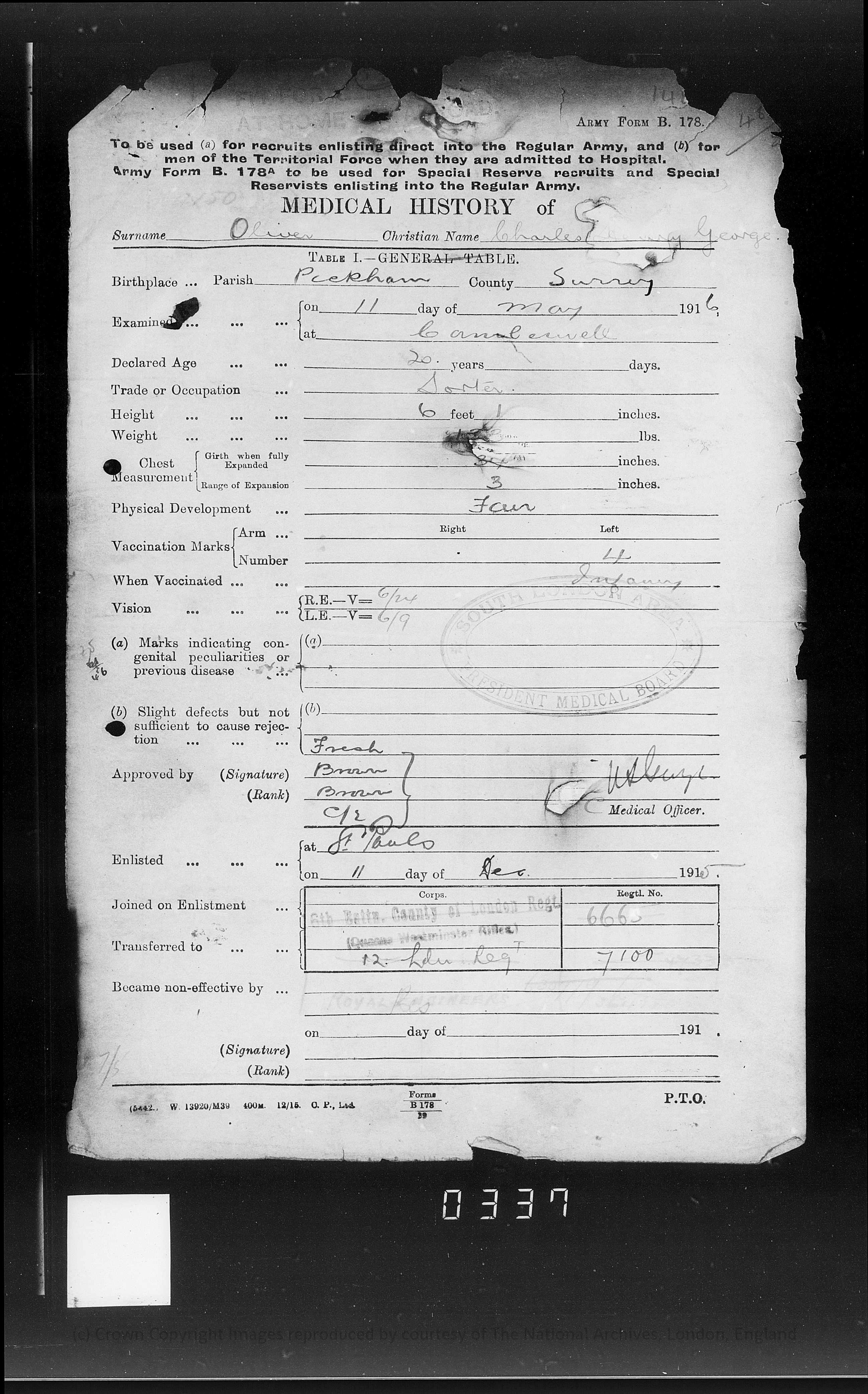 Attestation records showing Charles Oliver’s height, etc.