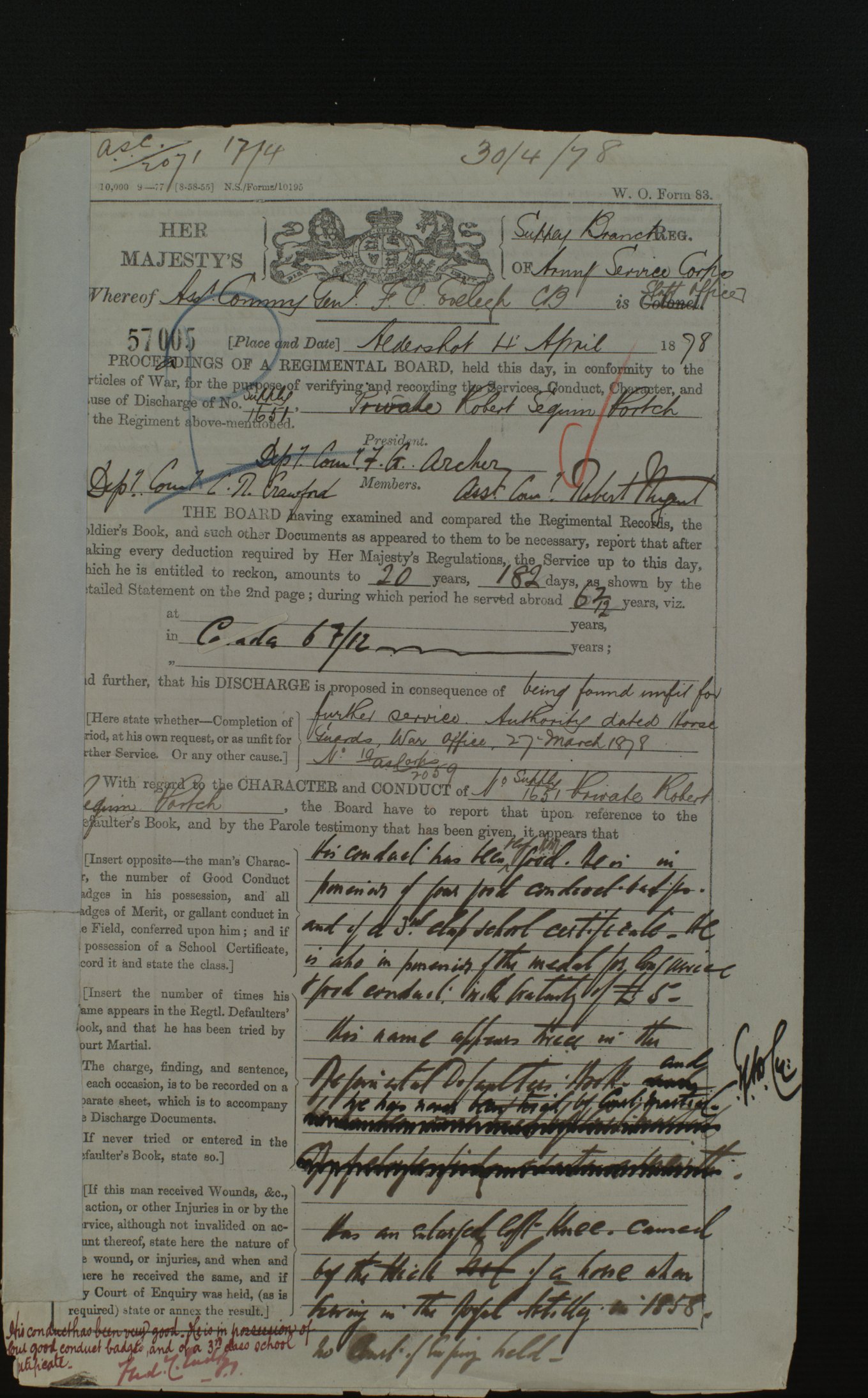 1878 discharge papers for Robert Seguin Portch shows he served 20+ years, including 6 in Canada but was unfit for further service