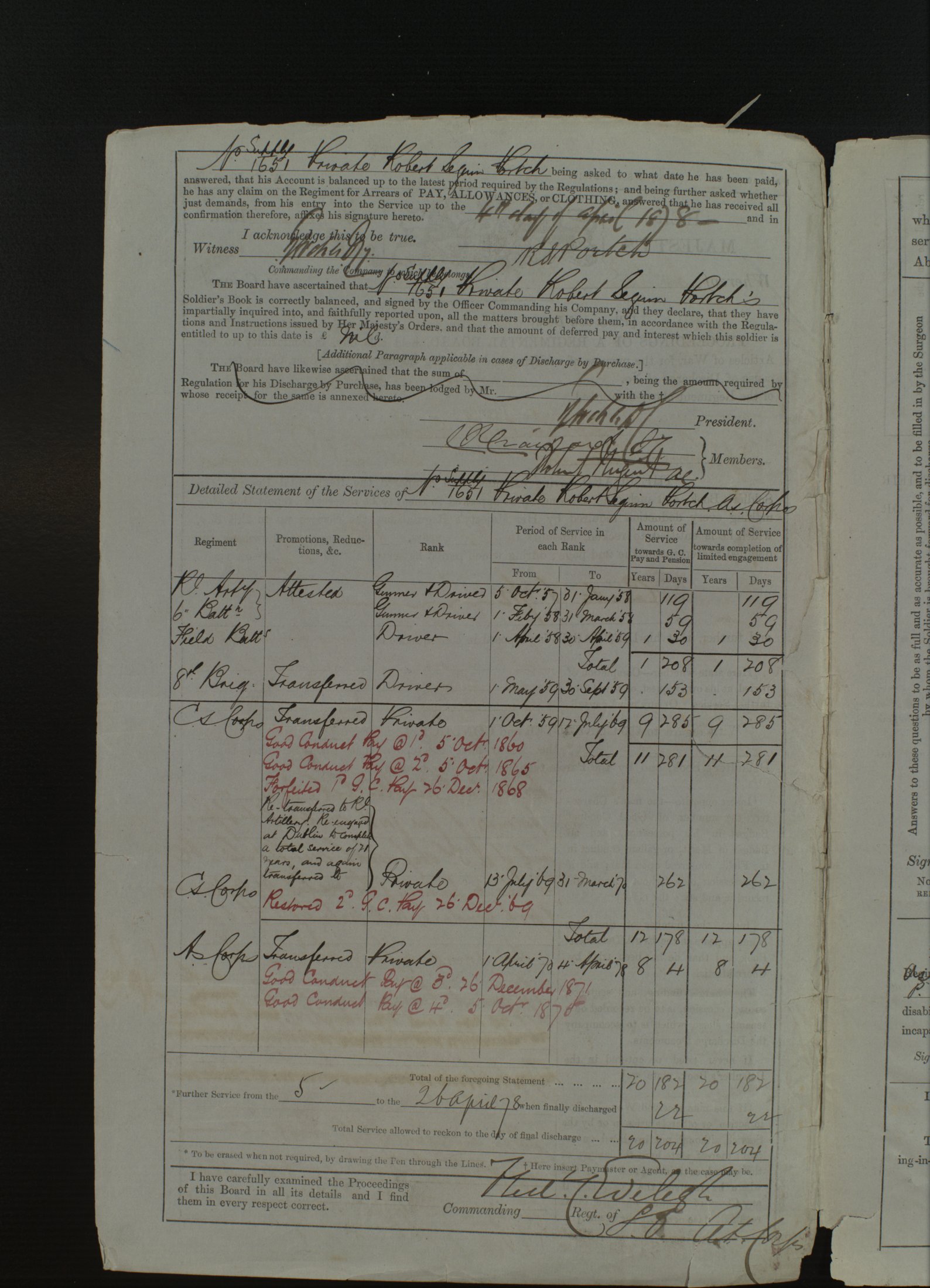 1878 discharge papers (2) for Robert Seguin Portch shows he served 20+ years, including 6 in Canada but was unfit for further service