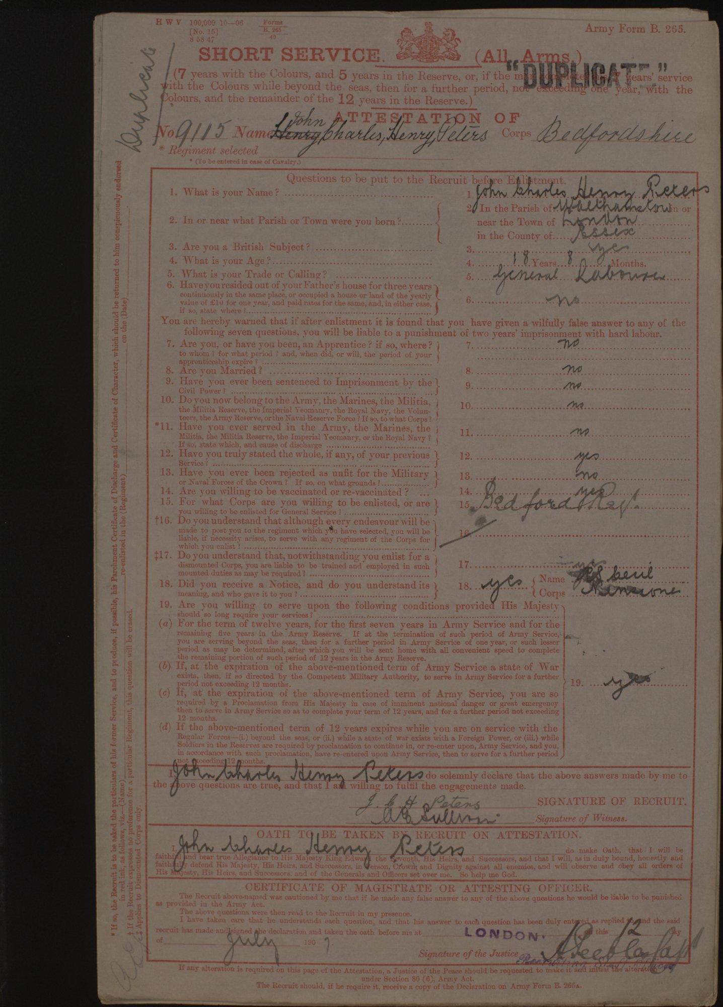 John Charles Henry Peters, army records