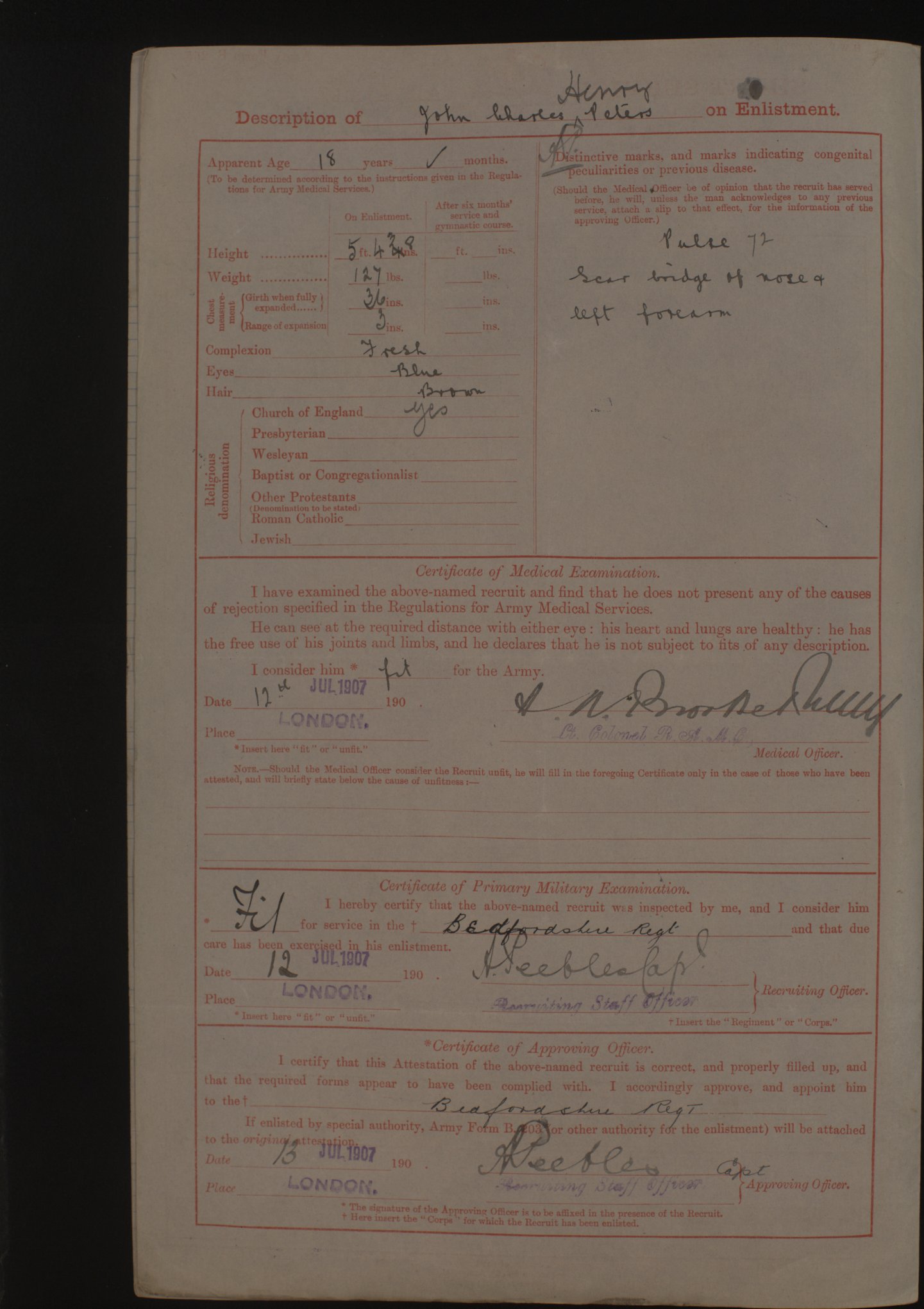 John Peters army records from 1907 showing he had blue eyes, brown hair and a fresh complexion as well as a scar on his nose and left forearm.