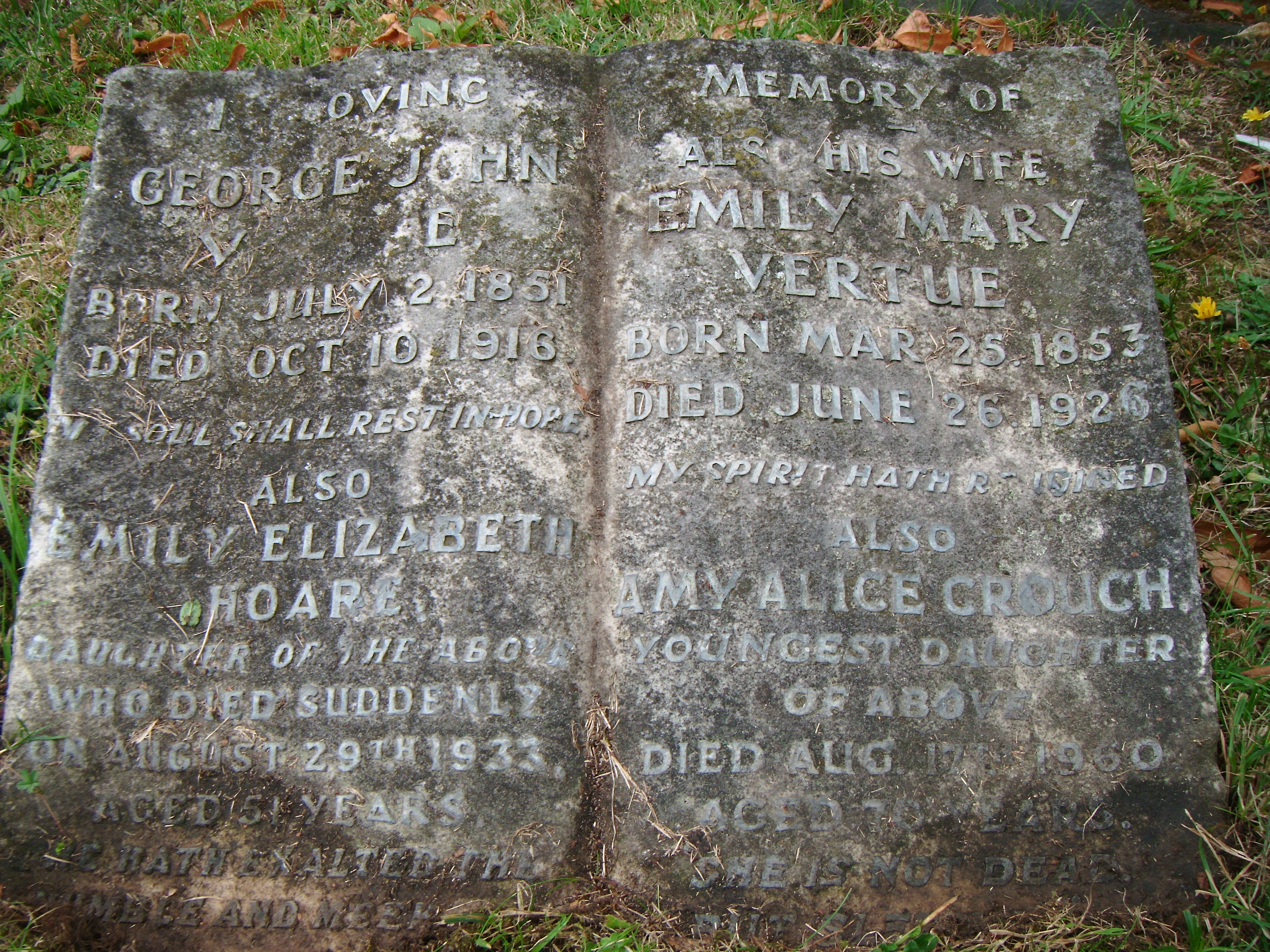 Burial stone of George John Vertue, who died in 1916, his wife Emily Mary 1926, daughter Emily Elizabeth Hoare 1933 and Alice Crouch 1960