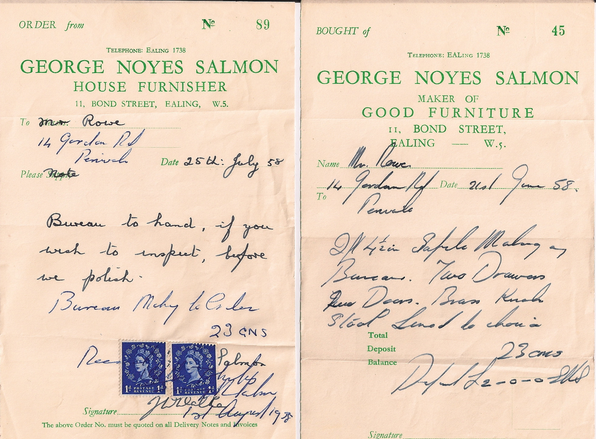 Copy of a receipt for a bureau dated 1958, made or sold by George Salmon. It was a “good quality item of furniture, that has lasted over 53 years, with no sign of it giving up its usefulness yet”