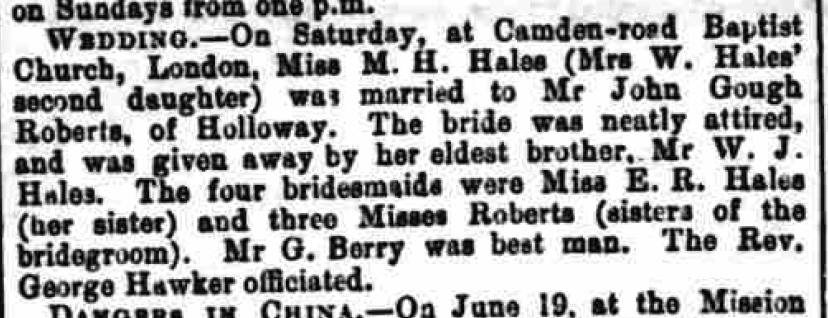Marriage of John Gough Roberts to Martha Hannah Hales in 1901, reported in Bedfordshire Mercury of 28th June that year.